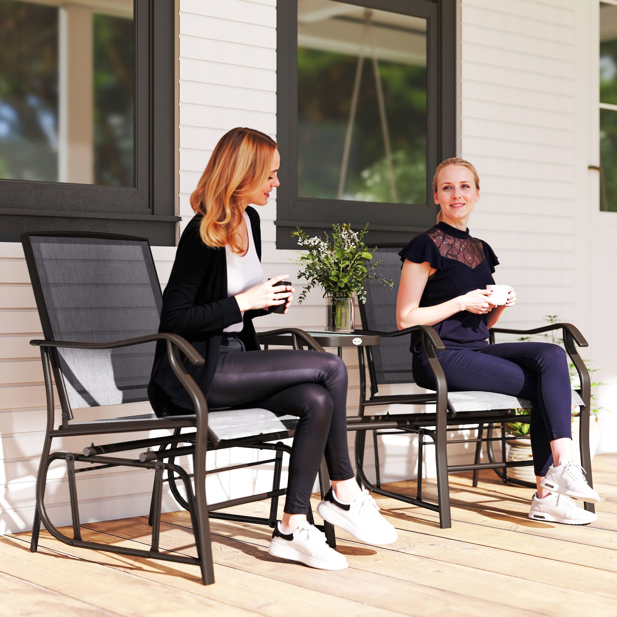Outdoor Glider Chairs with Coffee Table, Patio 2-Seat Rocking Chair Swing Loveseat with Breathable Sling for Backyard, Garden, and Porch, Gray