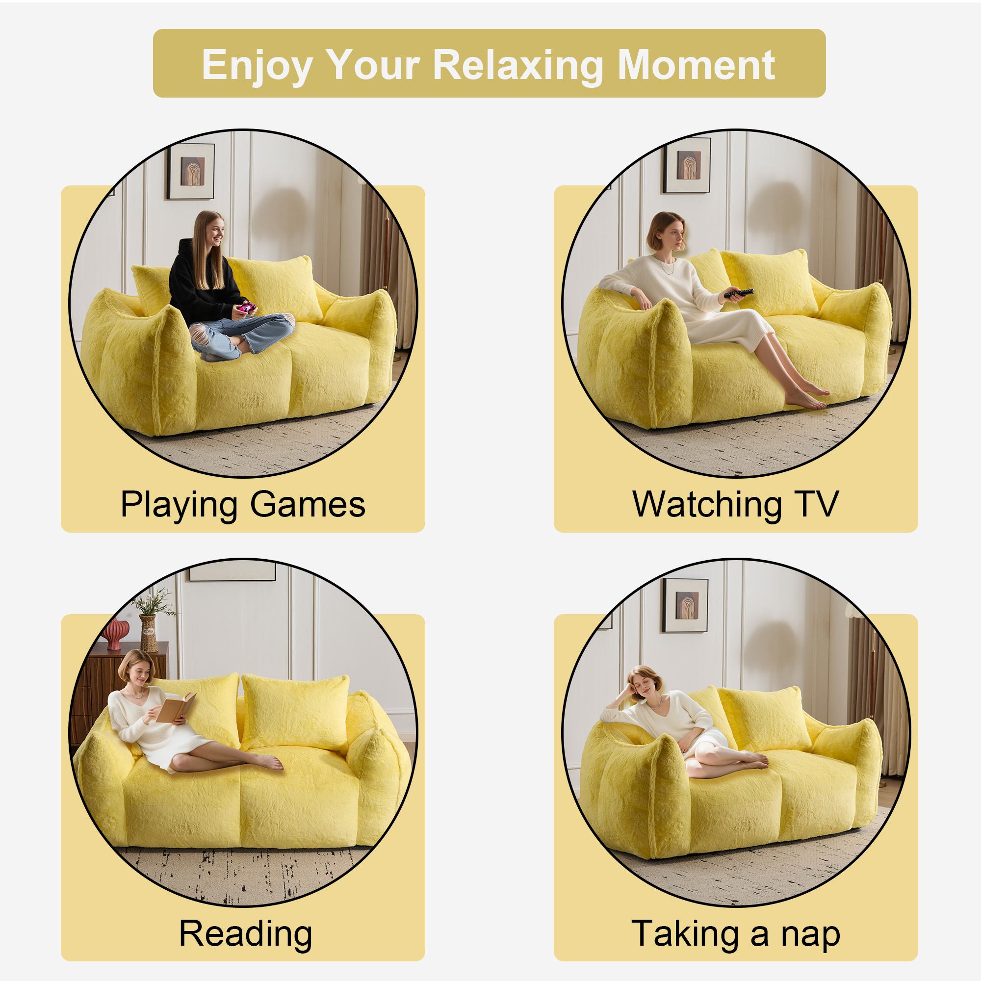 Bean Bag Sofa with High-Density Foam and Faux Fur Fabric, Compressed Sofa Oversized Fluffy Loveseat for Adults, 75" L x 42.5" W x 28.5" H, Yellow