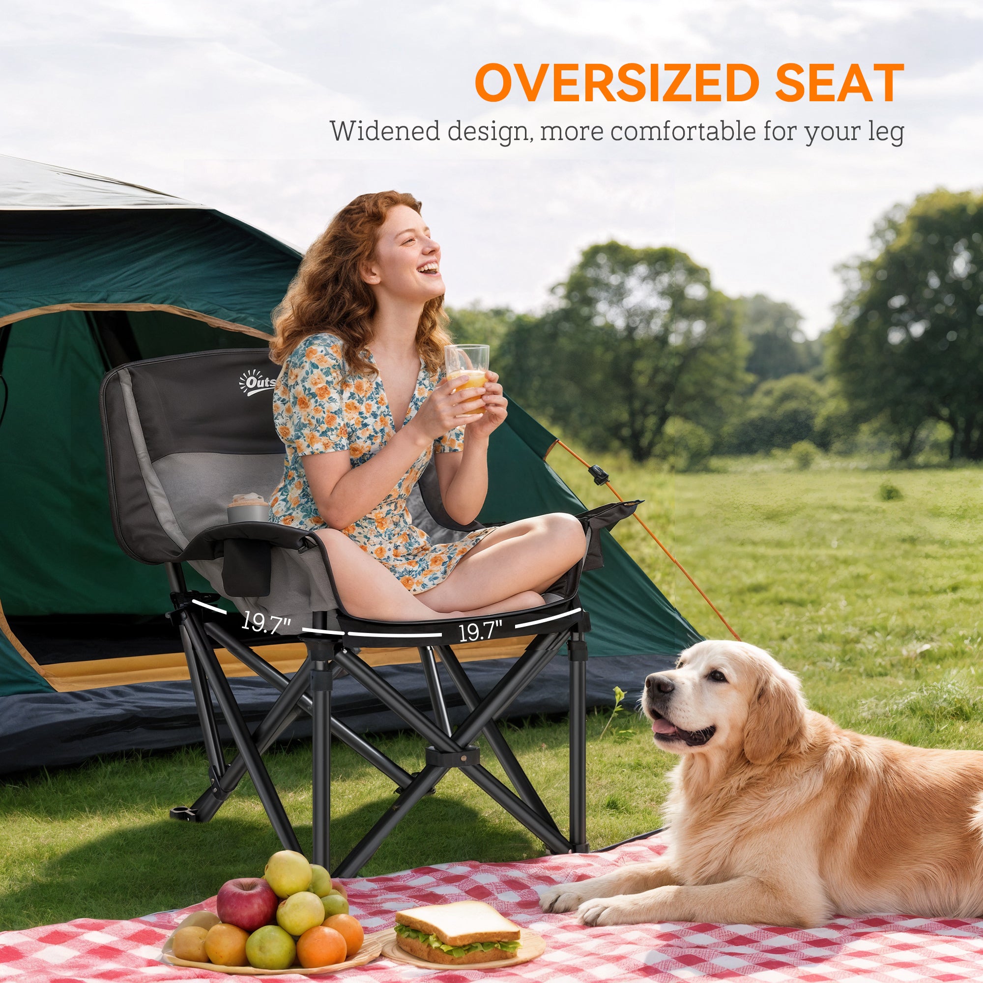 Camping Chair for Adults, Portable Folding Camping Chair with Side Pockets, Cup Holders, Carry Bag, Black and Gray
