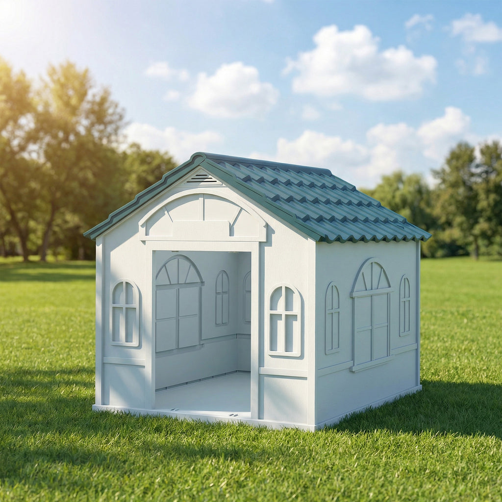 Plastic Dog House for Medium and Small Dogs, Water Resistant Puppy Shelter Indoor Outdoor with Door, Easy to Assemble, Blue