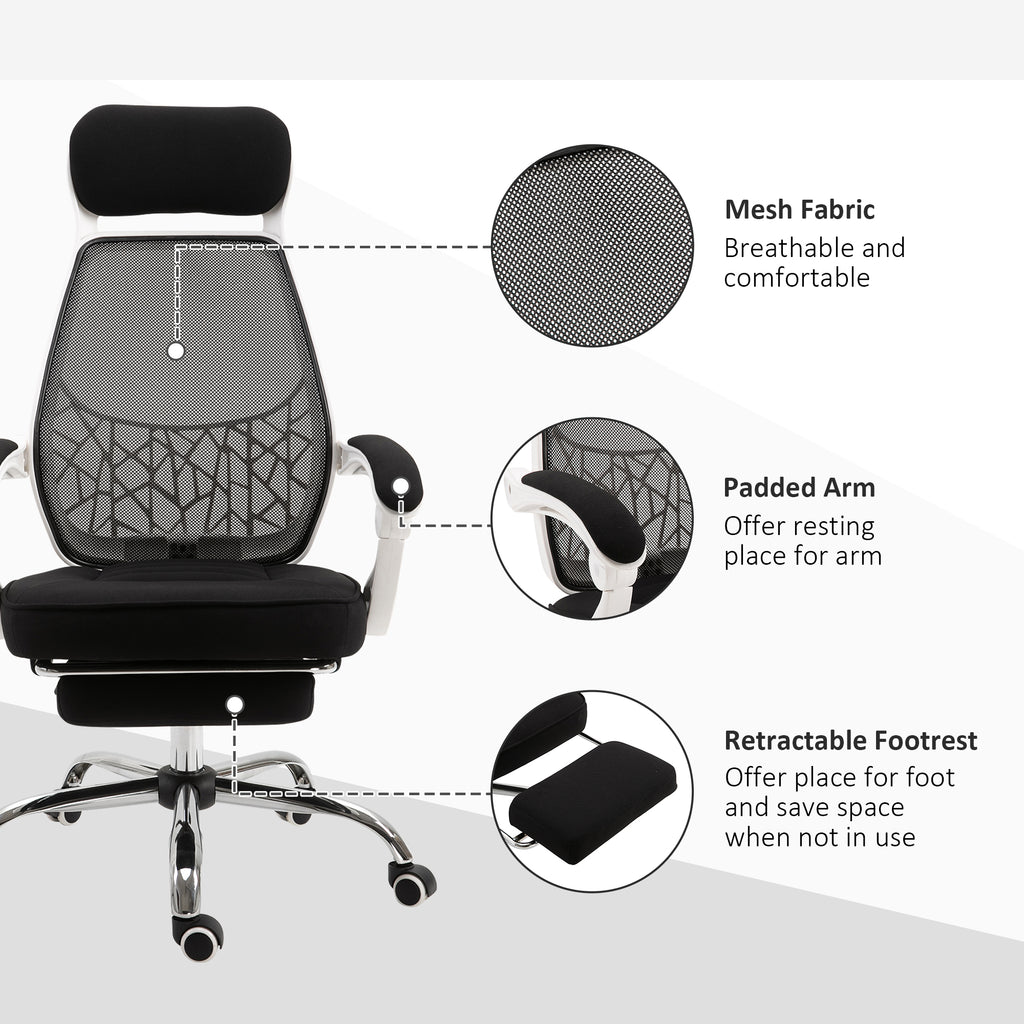 Ergonomic High Back Mesh Office Chair Swivel Reclining Computer Desk Chair with Retractable Footrest, Headrest, Padded Armrest