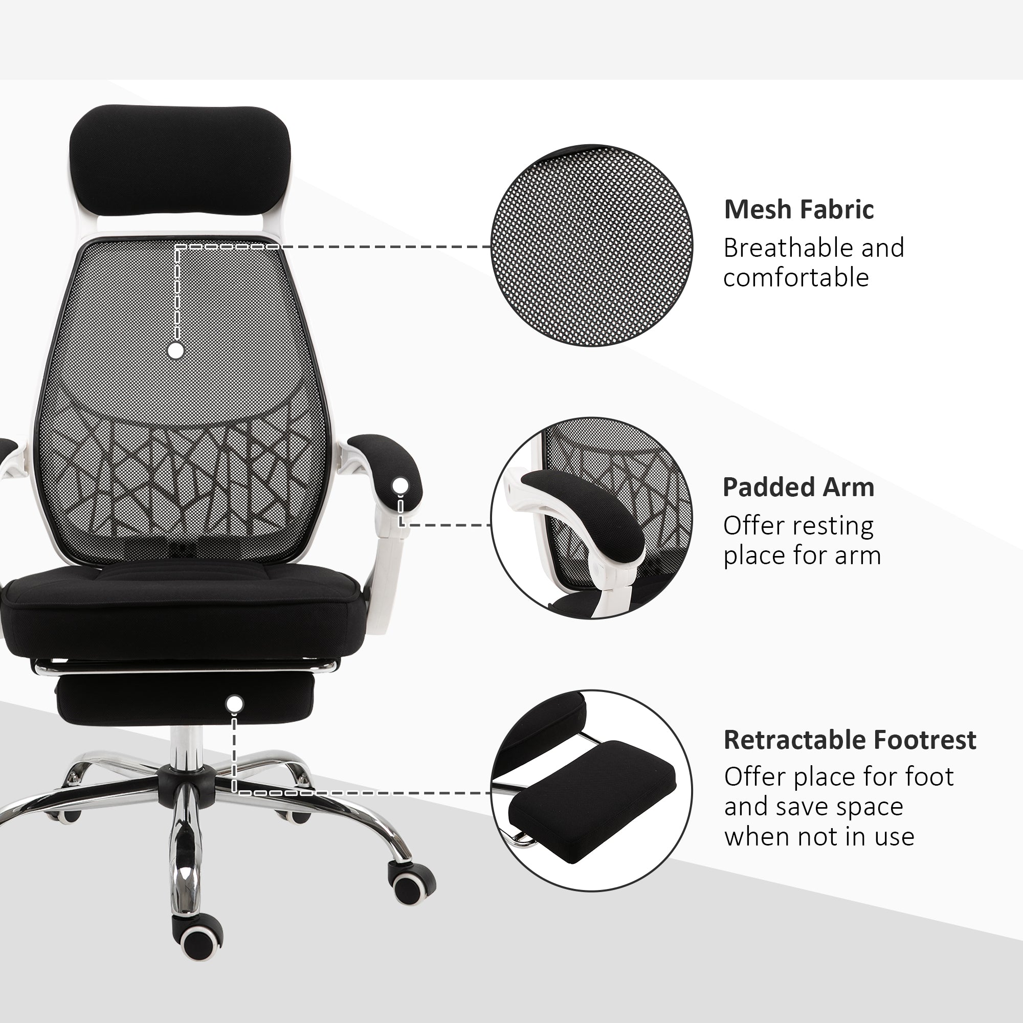 Ergonomic High Back Mesh Office Chair Swivel Reclining Computer Desk Chair with Retractable Footrest, Headrest, Padded Armrest