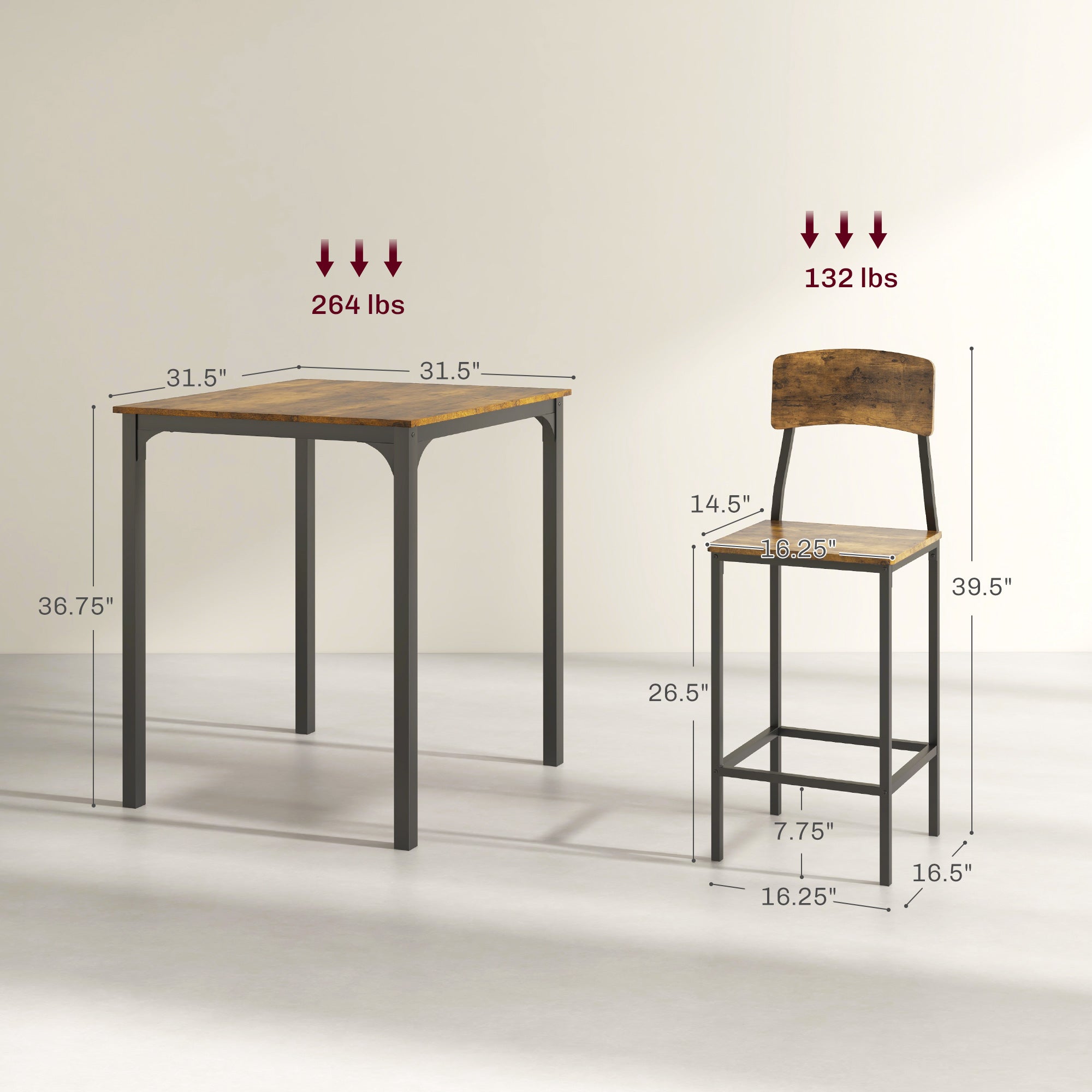 3 Piece Pub Table and Chairs, Small Kitchen Table and Chairs, Square Dining Table with 2 Stools, Rustic Brown and Black