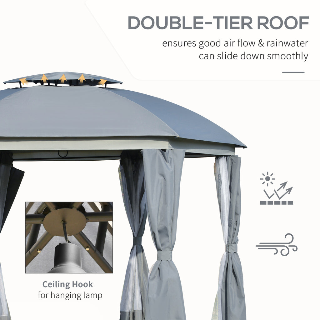 12' x 12' Round Outdoor Gazebo, Patio Dome Gazebo Canopy Shelter with Double Roof, Netting Sidewalls and Curtains, Zippered Doors, Strong Steel Frame, Grey