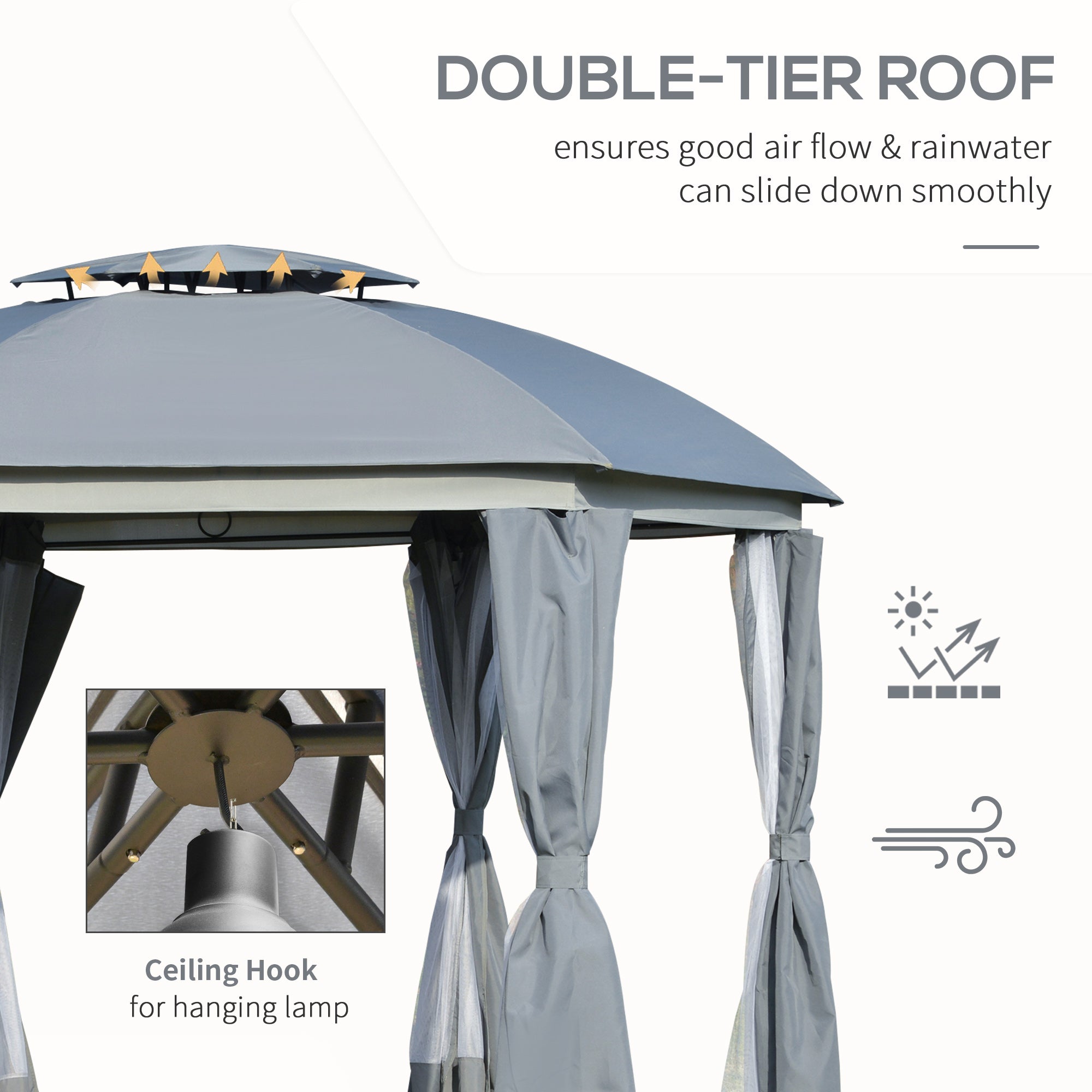 12' x 12' Round Outdoor Gazebo, Patio Dome Gazebo Canopy Shelter with Double Roof, Netting Sidewalls and Curtains, Zippered Doors, Strong Steel Frame, Grey
