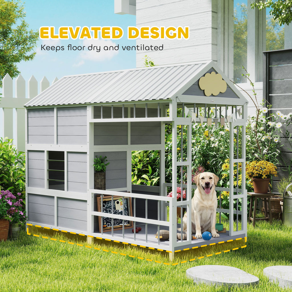79"L Large Dog House Outdoor, Wooden Dog Kennel with Porch, Storage Cabinet,Weatherproof Roof, Windows