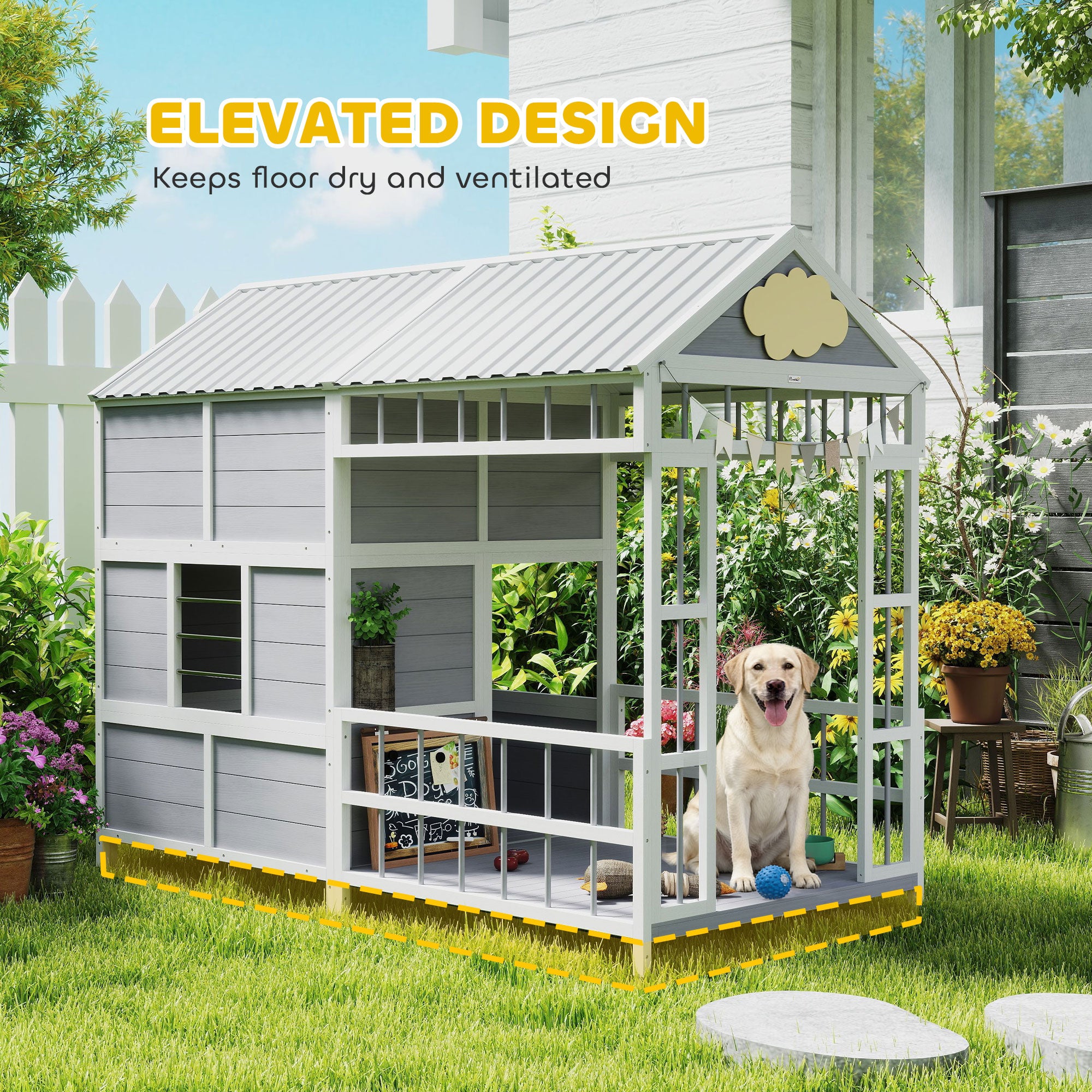 79"L Large Dog House Outdoor, Wooden Dog Kennel with Porch, Storage Cabinet,Weatherproof Roof, Windows