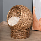Handwoven Elevated Cat Bed with Soft Cushion & Egg Chair Shape, Basket Bed Kitty House with Stand, Raised Wicker House for Indoor Cats, 23.5" H, Light Brown