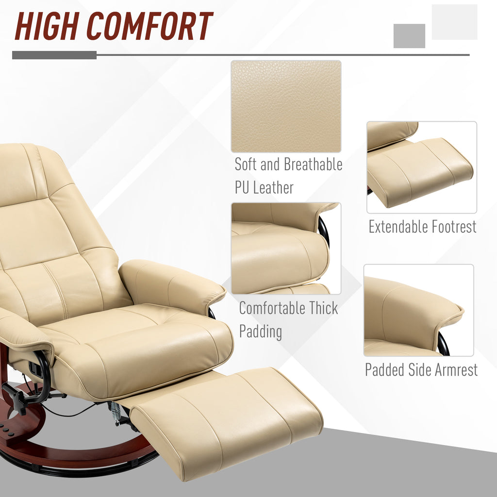 Air Leather Manual Recliner, Adjustable Swivel Lounge Chair with Footrest, Armrest and Wrapped Wood Base, Cream White