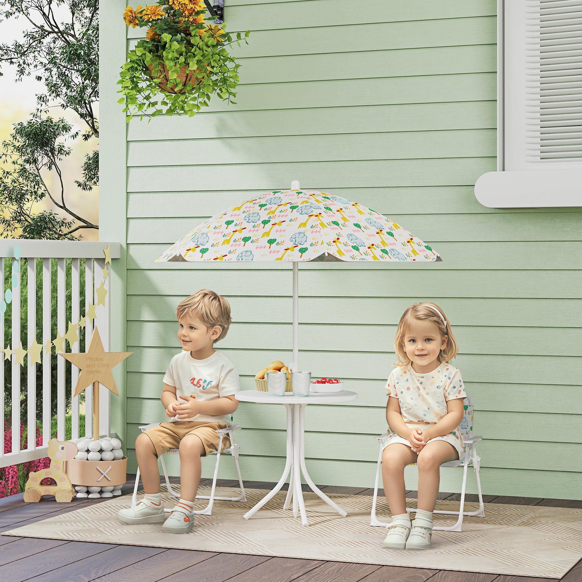 Kids Picnic Table and Chair Set, Outdoor Activity Table with Foldable Chairs, Removable Umbrella for Backyard, White