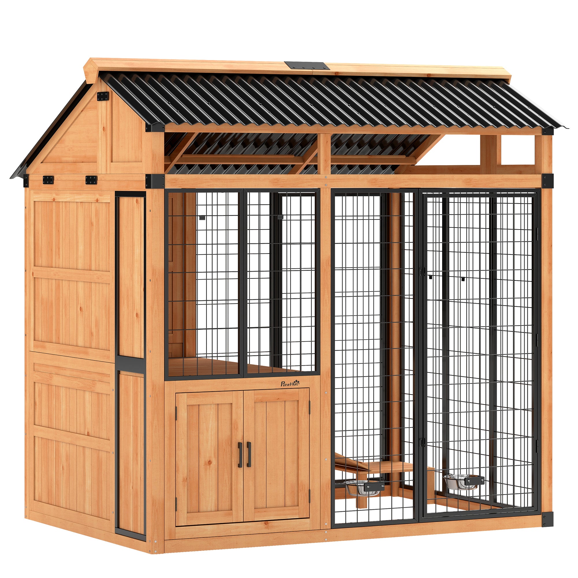 7' x 5' Extra Large Dog House, Wood Outdoor Dog Kennel with Platform, Storage Cabinet for Large Breeds, Yellow