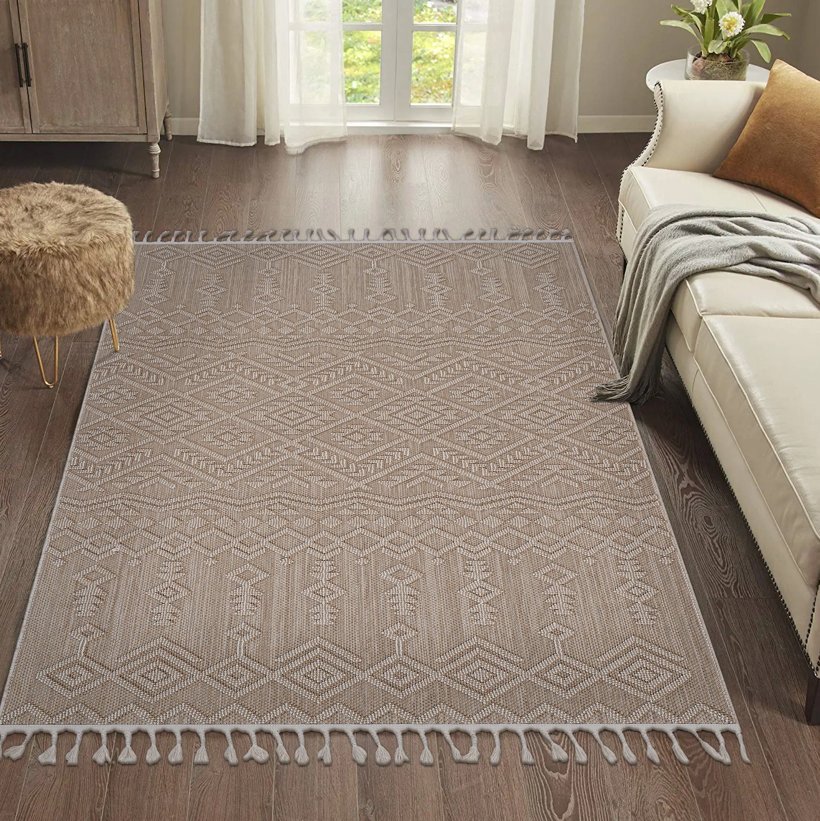 Naar 5x7 Indoor Outdoor Stain-Resistant Area Rug with Cotton Backing, Kid and Pet-Friendly Carpet, 90" L x 63" W x 0.3" H, Natural