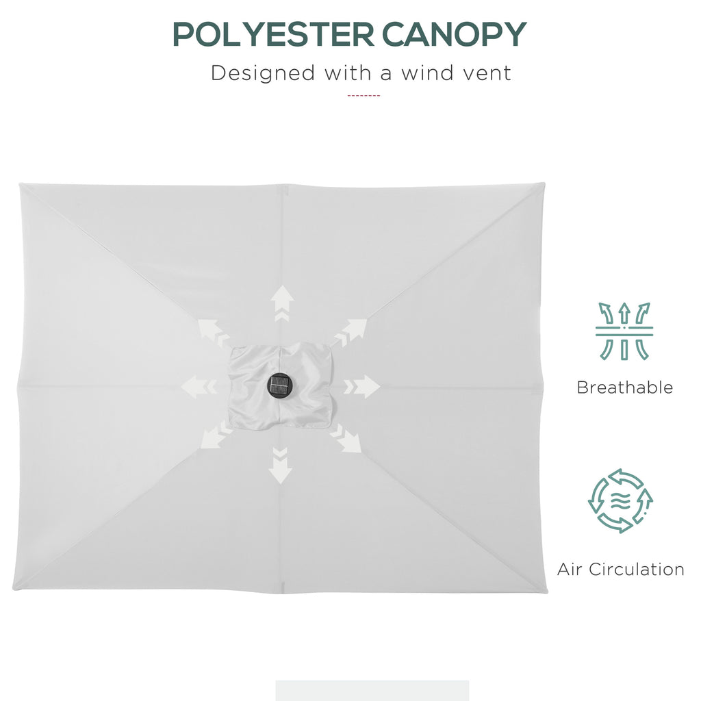 9' x 7' Patio Umbrella Outdoor Table Market Umbrella with Crank, Solar LED Lights, 45° Tilt, Push-Button Operation, for Deck, Backyard, Pool and Lawn, White