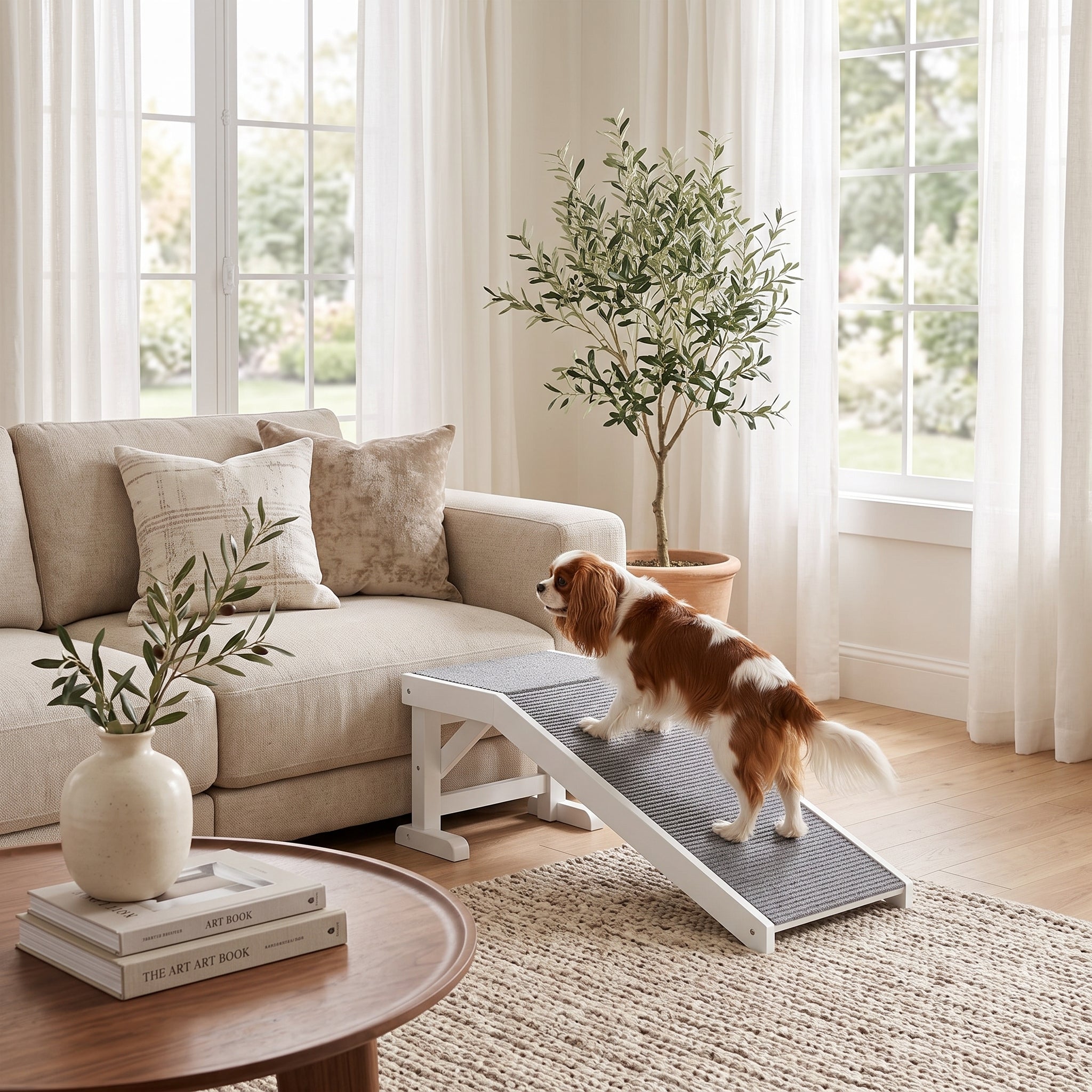 49" Pet Ramp for Dogs & Cats with Non-Slip Carpet, White