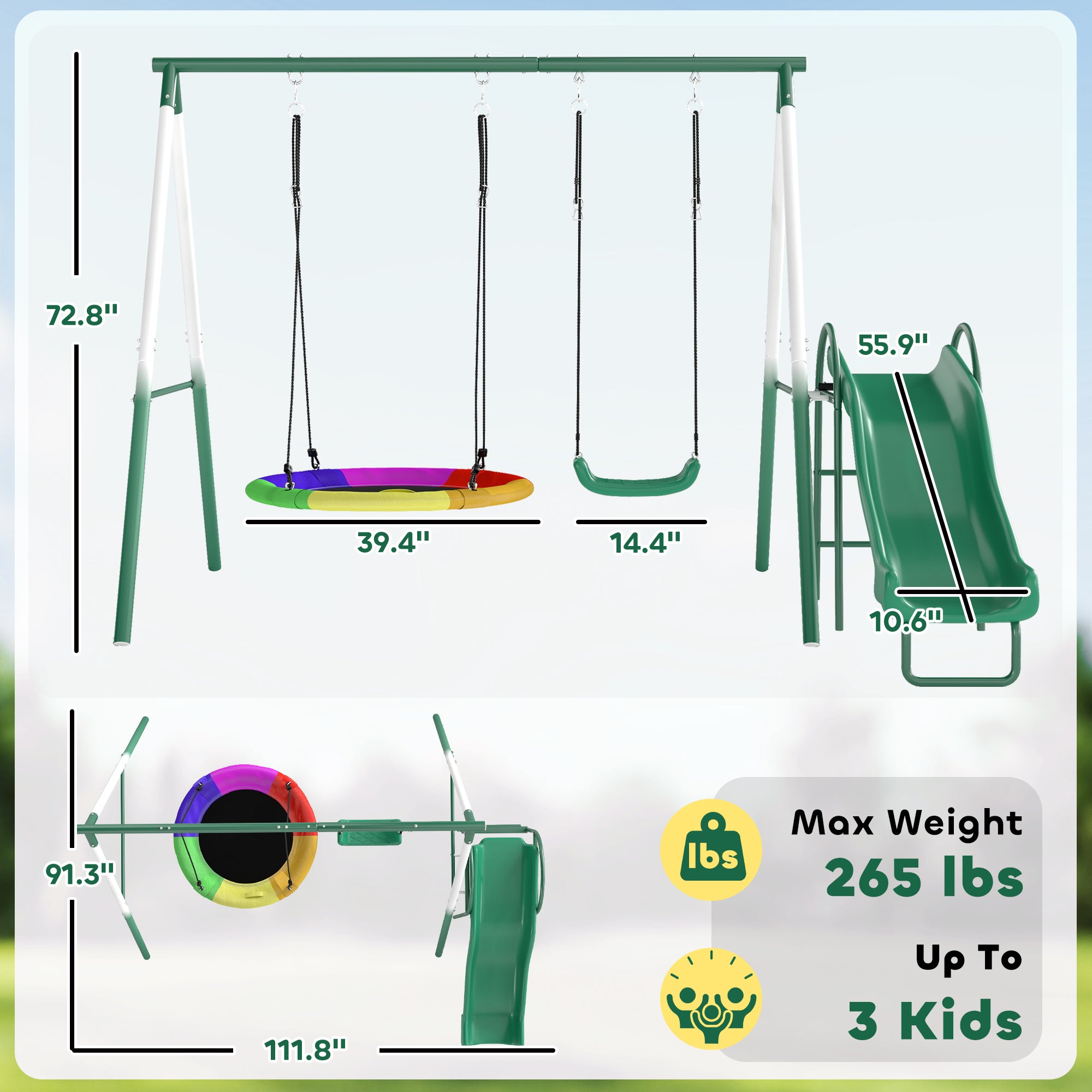 Metal Swing Set with Slide, Saucer Swing Seat, Heavy Duty A-Frame Stand and Adjustable Rope for Backyard, Dark Green