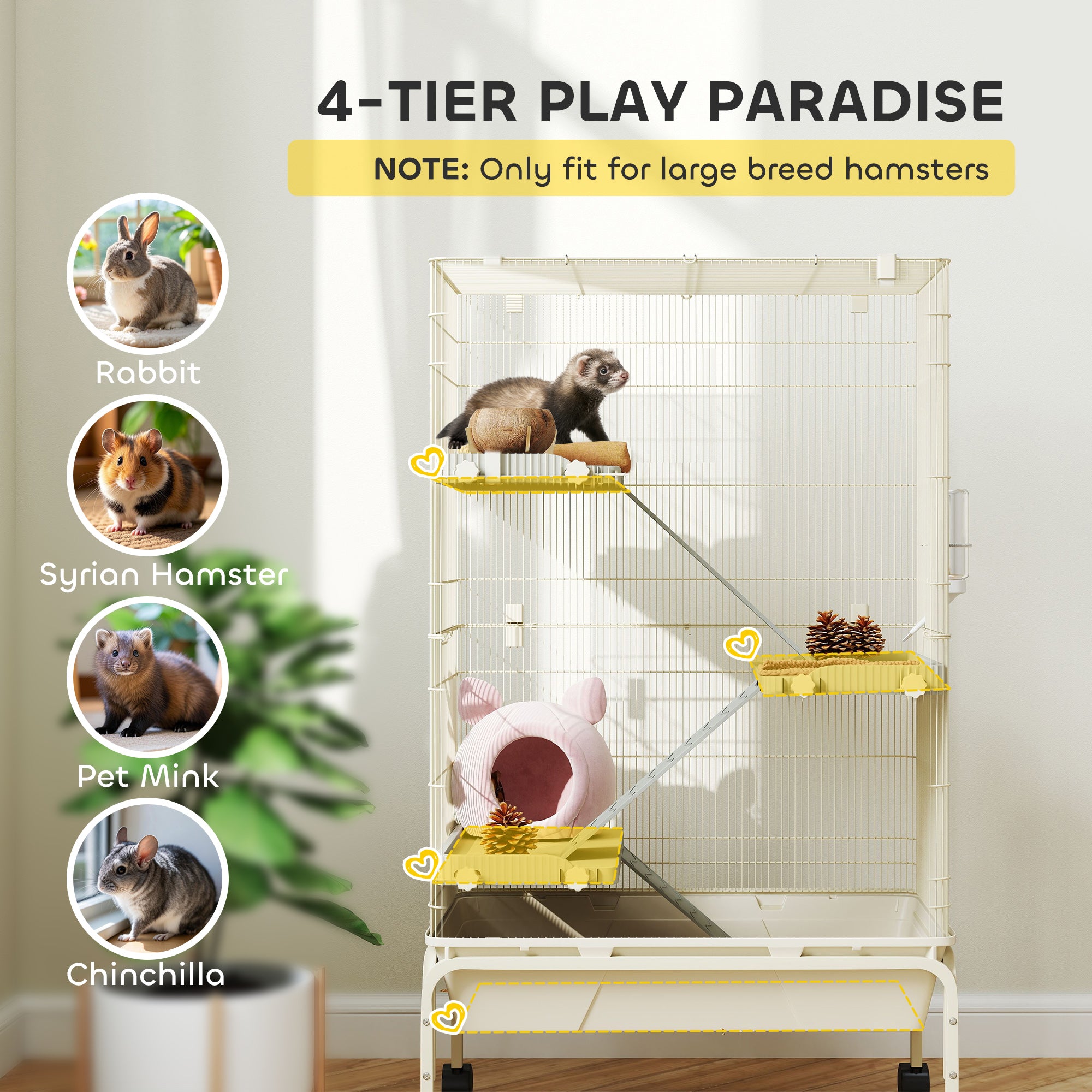 47" Small Animal Cage, 4 Levels Large Rolling Metal Ferret Cage w/ 5.9" Deep Tray, Ramps, Water Bottle, Food Dish, Beige