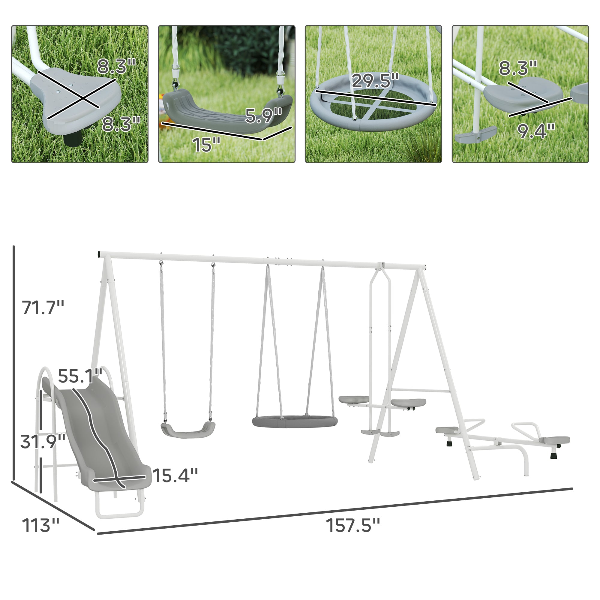 5 in 1 Kids Swing Set for Backyard with Heavy-Duty A-Frame Stand, Saucer Swing, Slide, Seesaw, Glider, Swing Seat, Gray