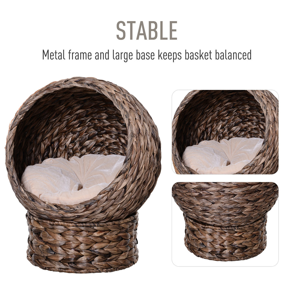 Handwoven Elevated Cat Bed with Rotating Basket and Soft Cushion, Wicker Cat Egg Chair with Stand, Brown