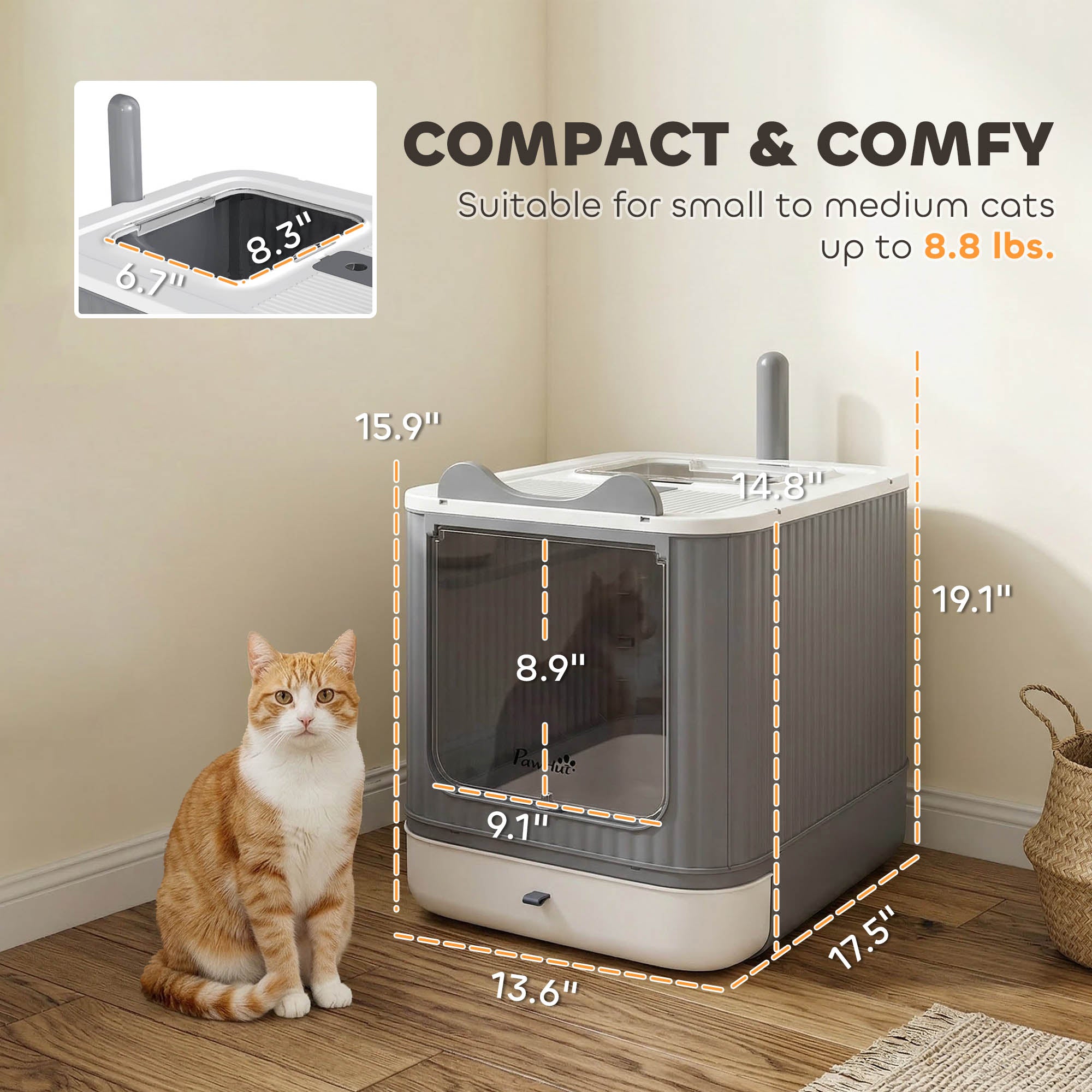 Cat Litter Box with Lid, Enclosed Litter Box for Medium Cats, Front-Entry and Top-Exit, Scoop, Deodorizer Bag, White