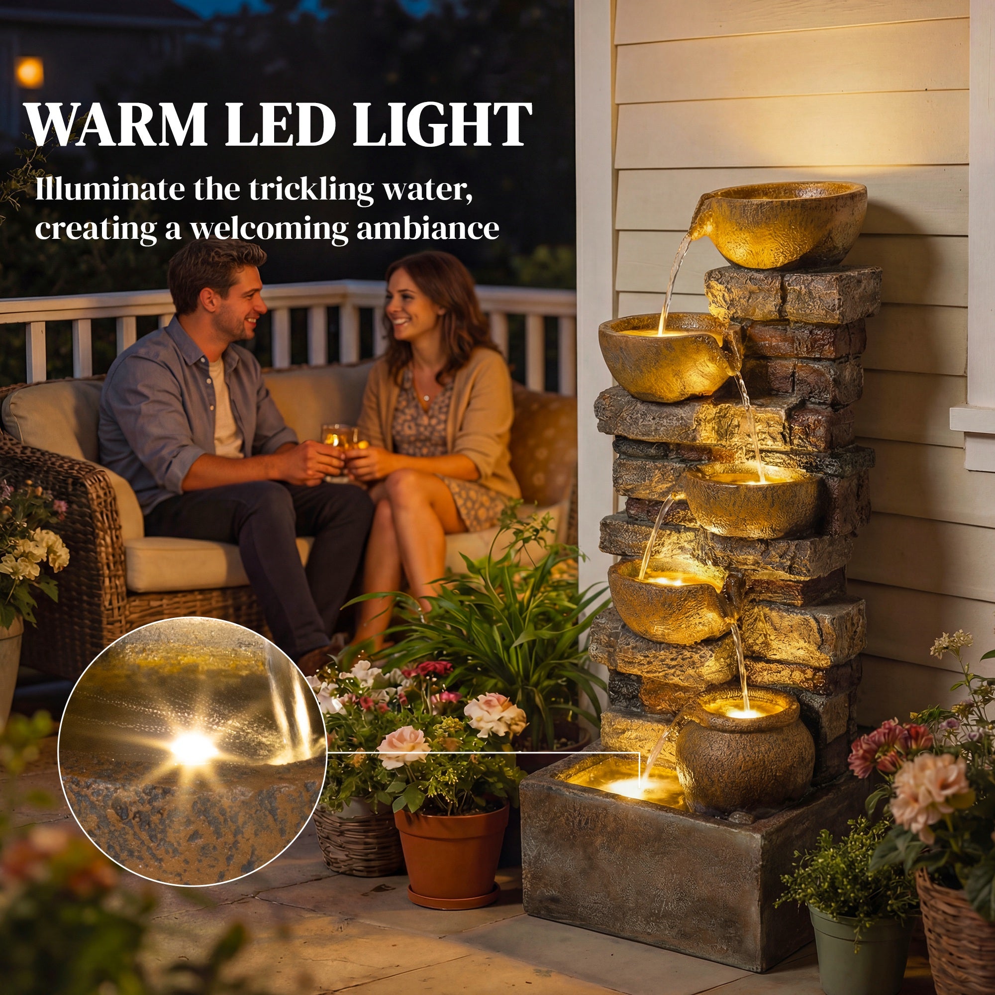 28" Outdoor Fountain with 5-Tier Rustic Jugs, Cascading Waterfall with LED Lights, Adjustable Flow, Rustic Brown