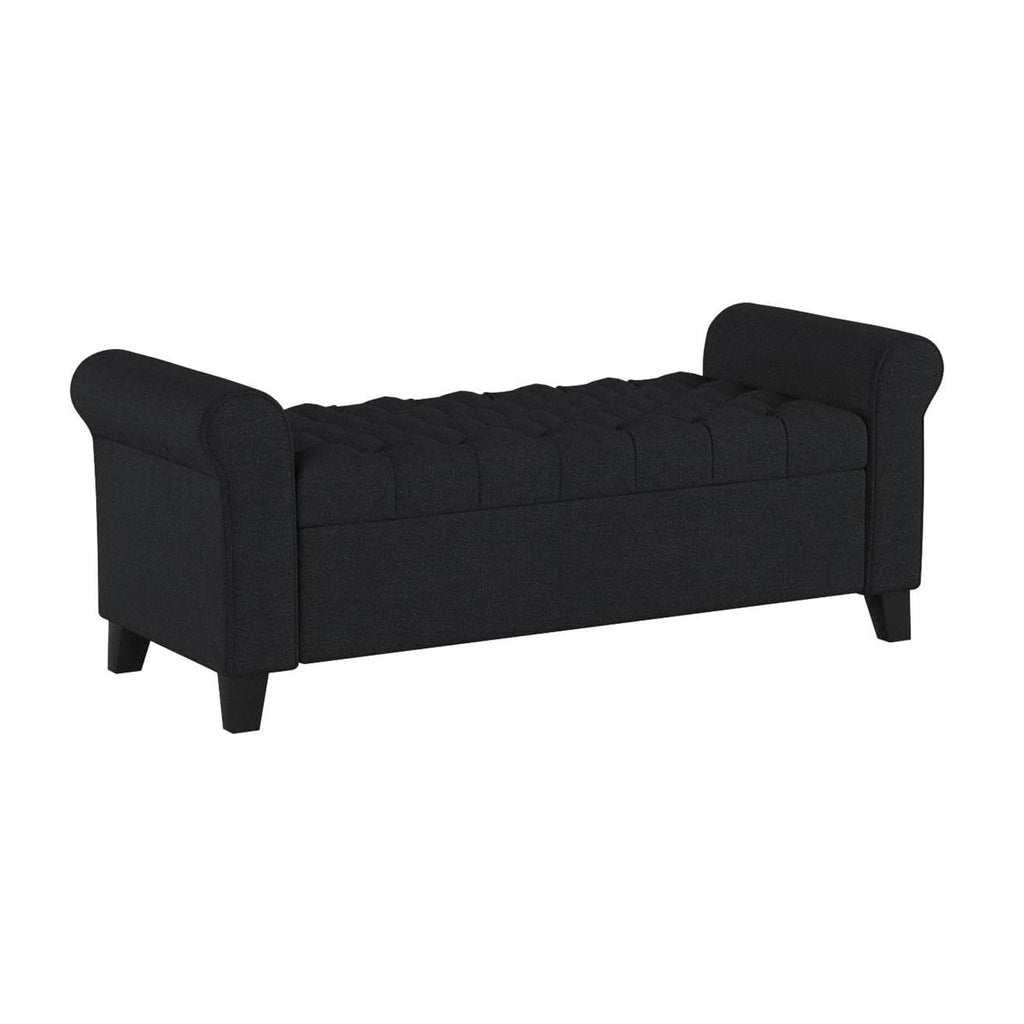 Contemporary Upholstered Ottoman with Rolled Arms and Pressure Hinges, Armed Storage Bench, Ideal for Small Spaces, 50" L x 19.5" W x 20.5" H, Dark Gray