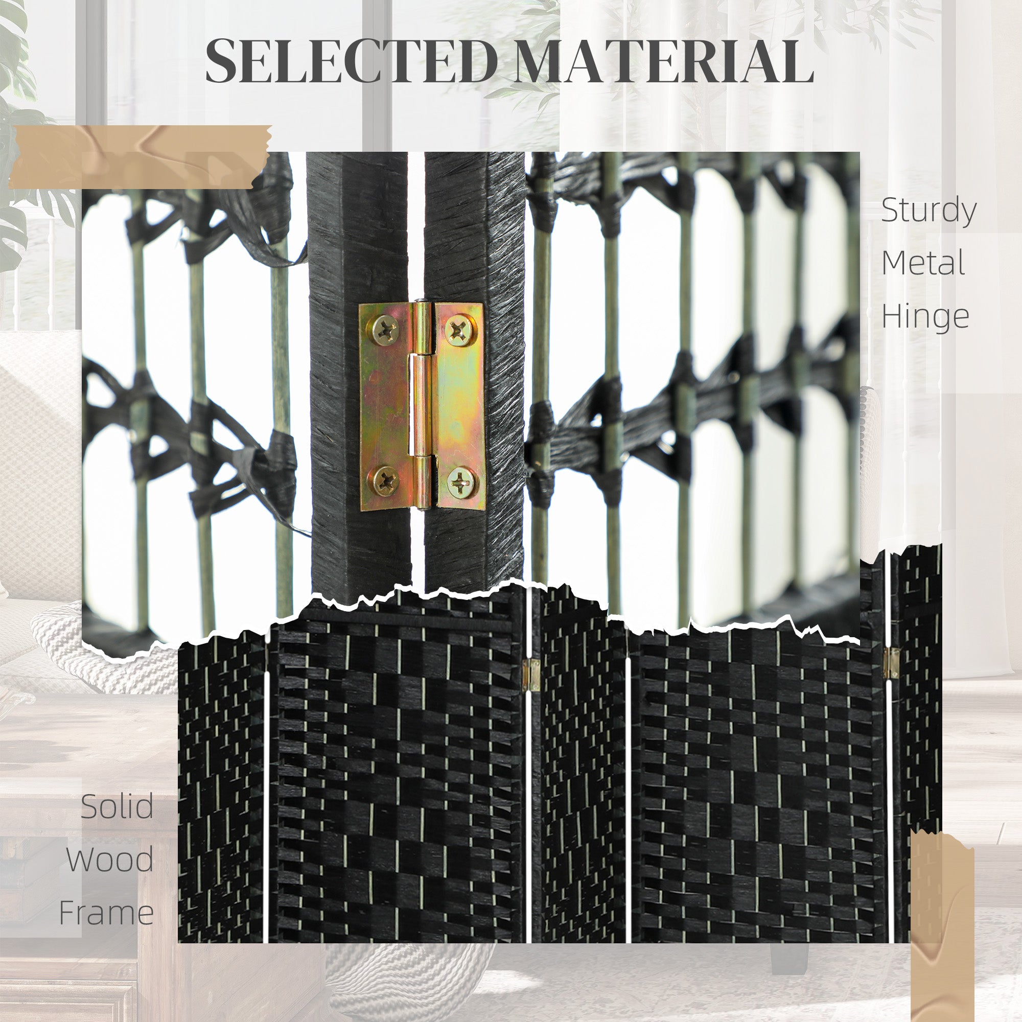 8 Panel Folding Room Divider Portable Privacy Screen Wave Fiber Room Partition for Home Office Black