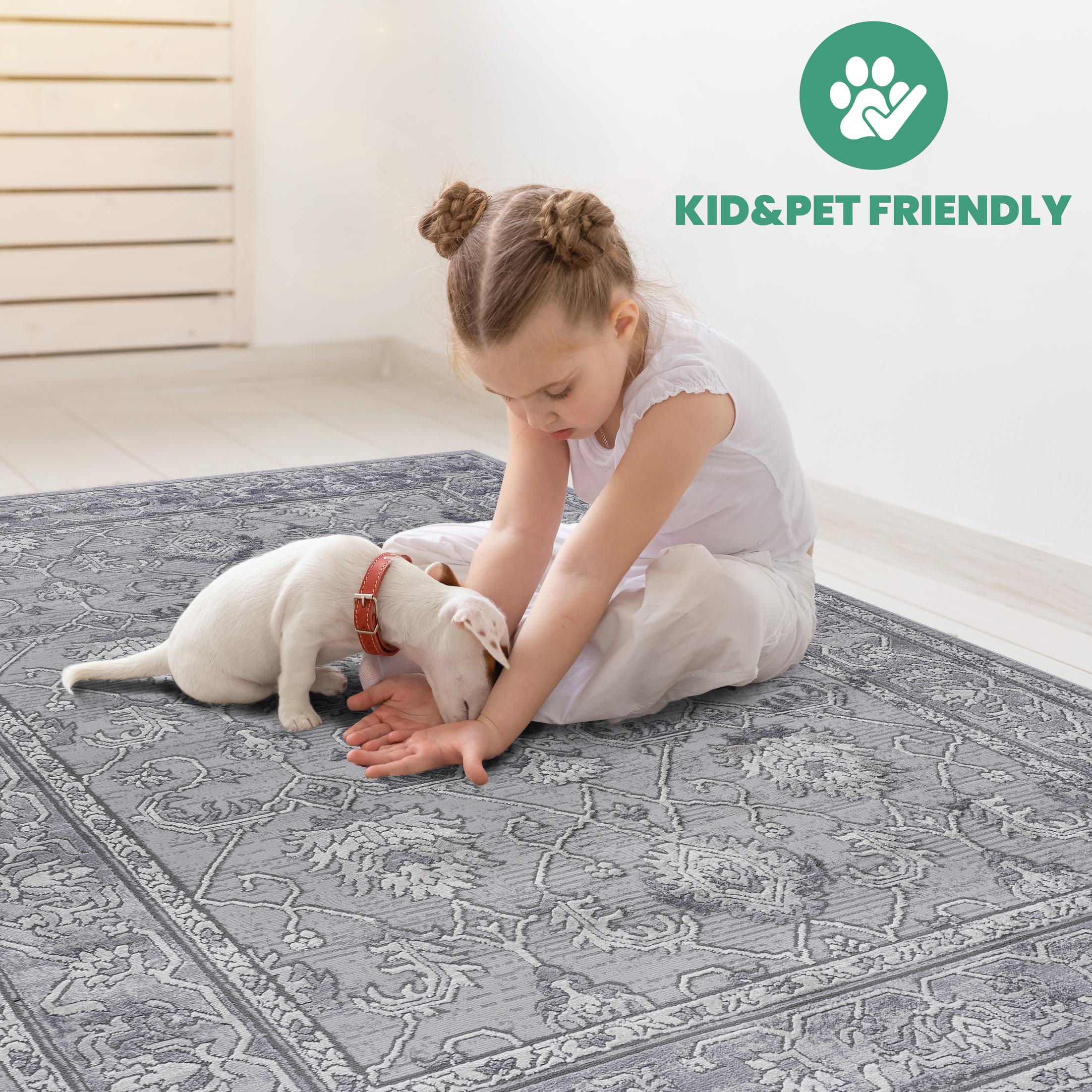 Naar 5x7 Stain-Resistant Area Rug with Non-Shedding Design and Cotton Backing, Kid and Pet-Friendly Carpet, 90" L x 63" W x 0.35" H, Gray
