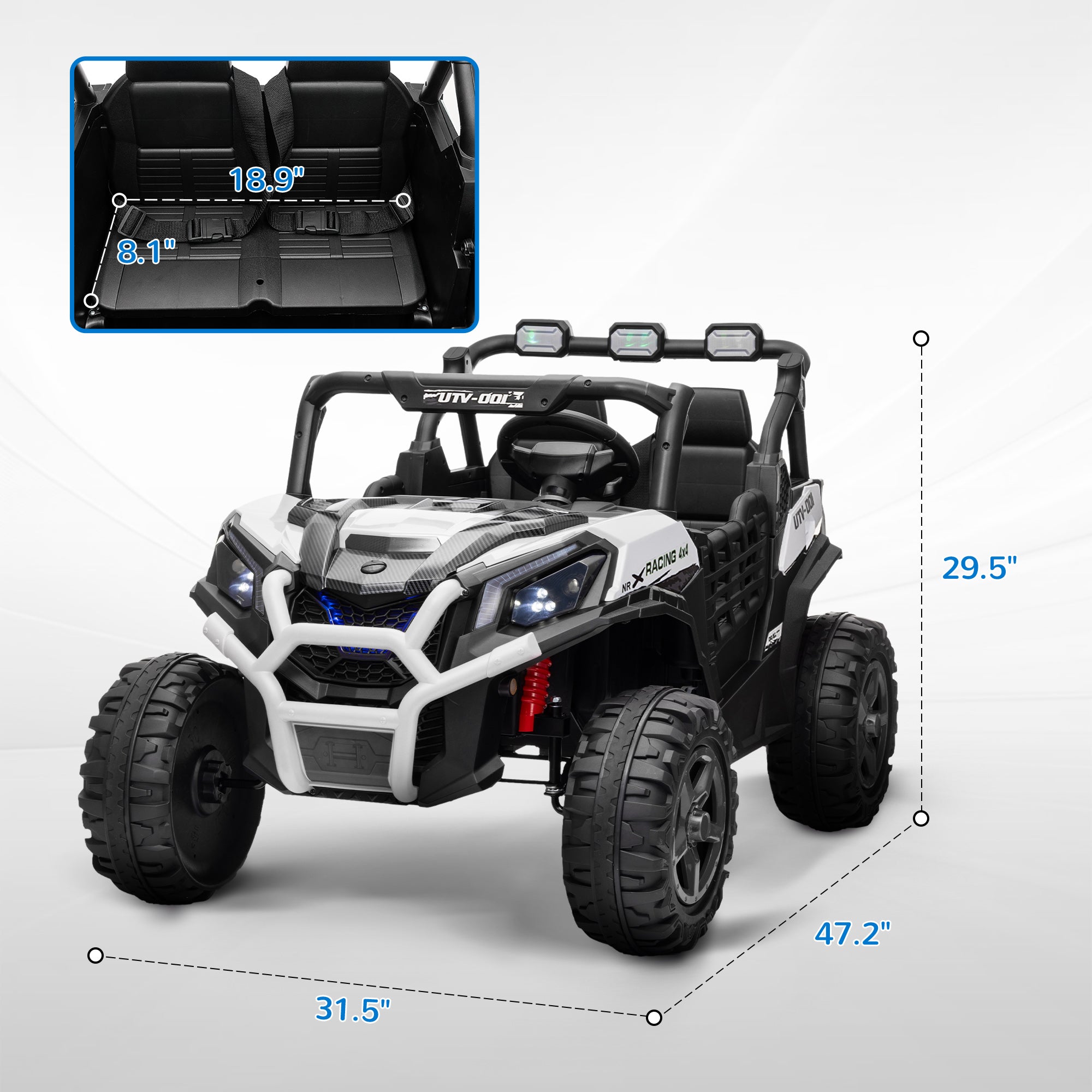 2 Seater 24V Kids Electric Car w/ Remote Control, 3 Speed, LED Lights, Music, Horn, Spring Suspension, Slow Start, White