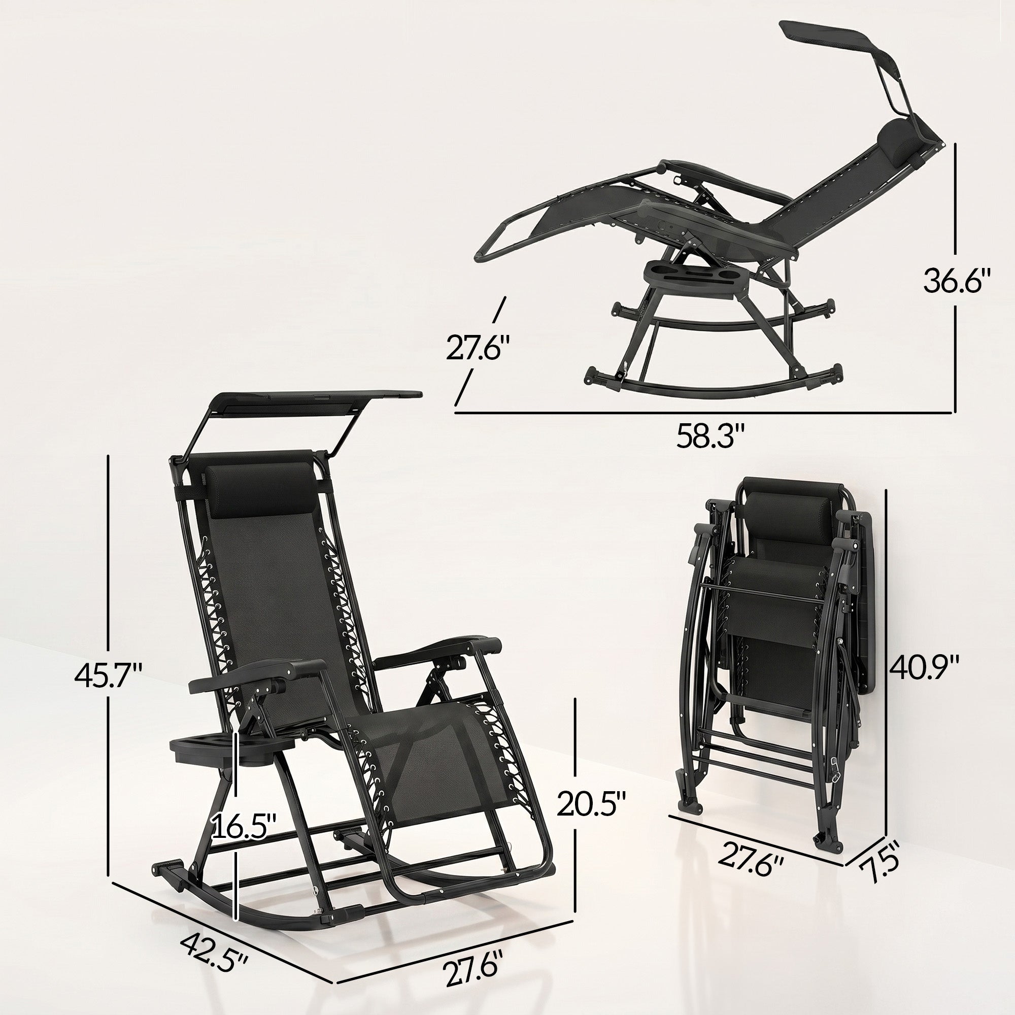 Outdoor Rocking Chairs, Foldable Reclining Zero Gravity Lounge Rocker with Pillow, Cup & Phone Holder, Combo Design with Folding Legs, Black