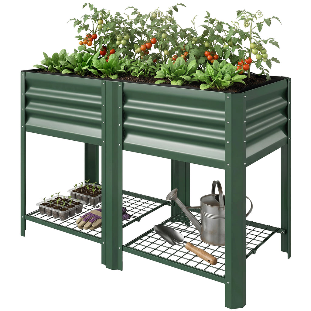 Raised Garden Bed Galvanized Steel, Elevated Planter Box with Storage Shelf, Bed Liner, 31.5" High, Green