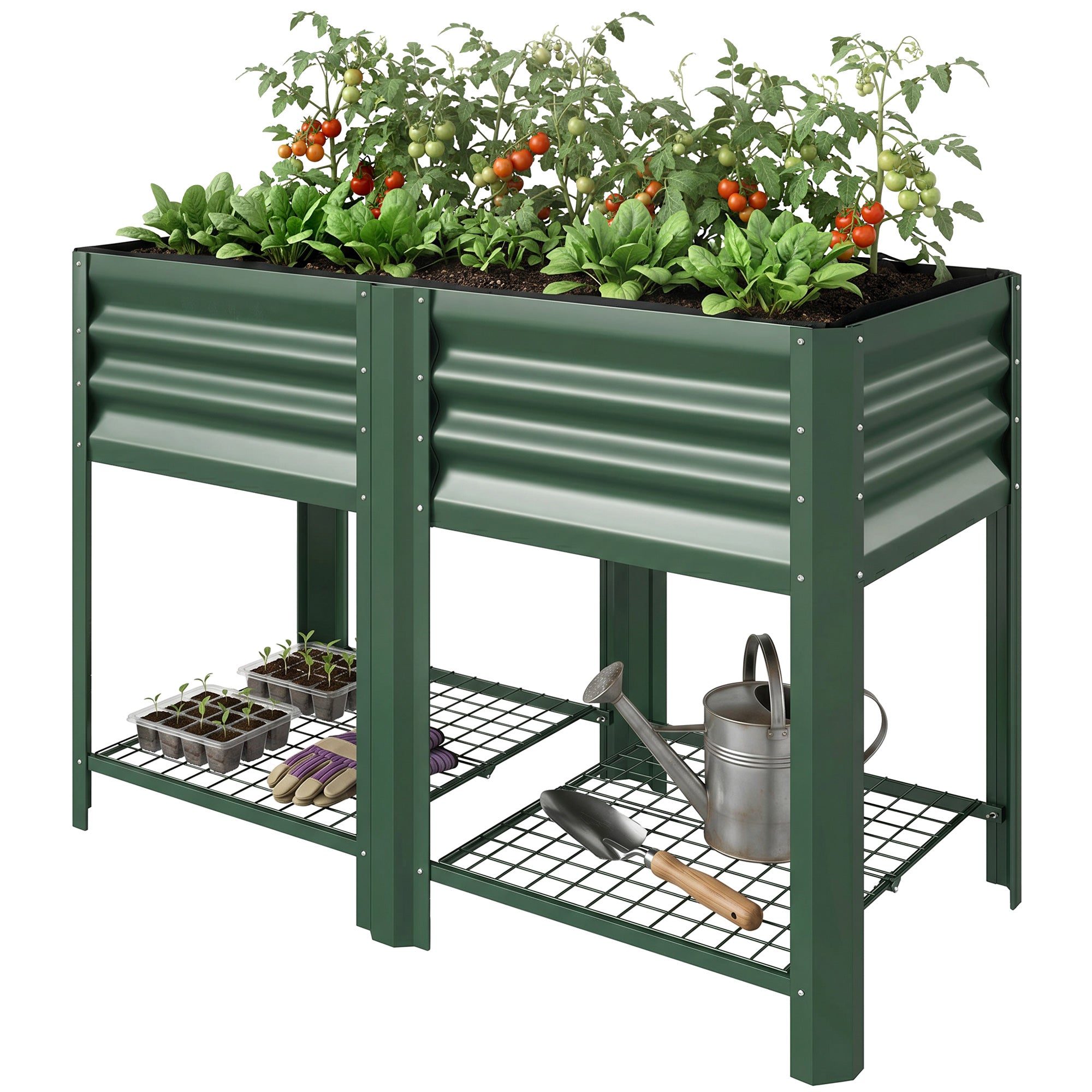 Raised Garden Bed Galvanized Steel, Elevated Planter Box with Storage Shelf, Bed Liner, 31.5" High, Green