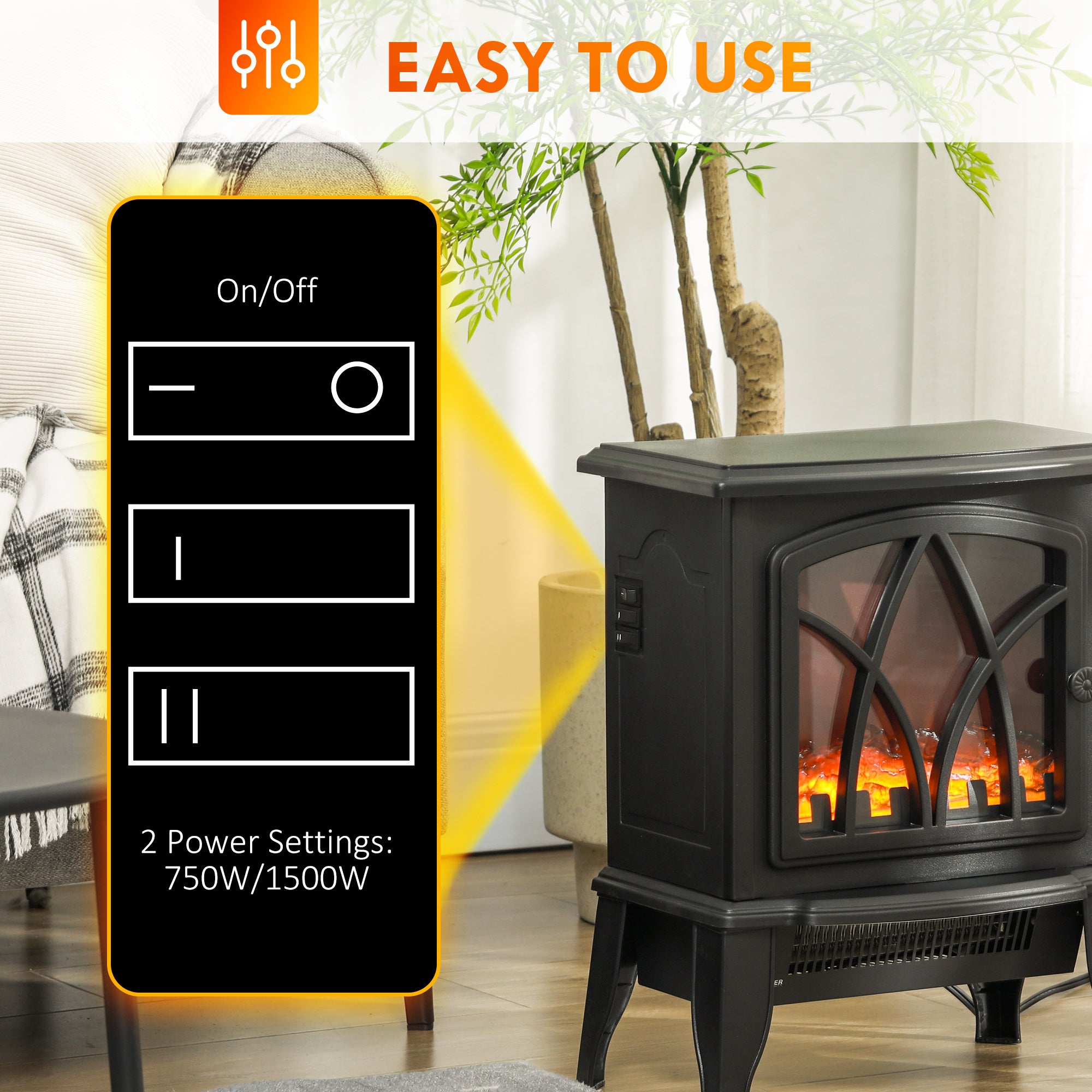 Electric Fireplace Heater, Freestanding Fireplace Stove with Realistic Flames Overheating Protection 750W/1500W, Black