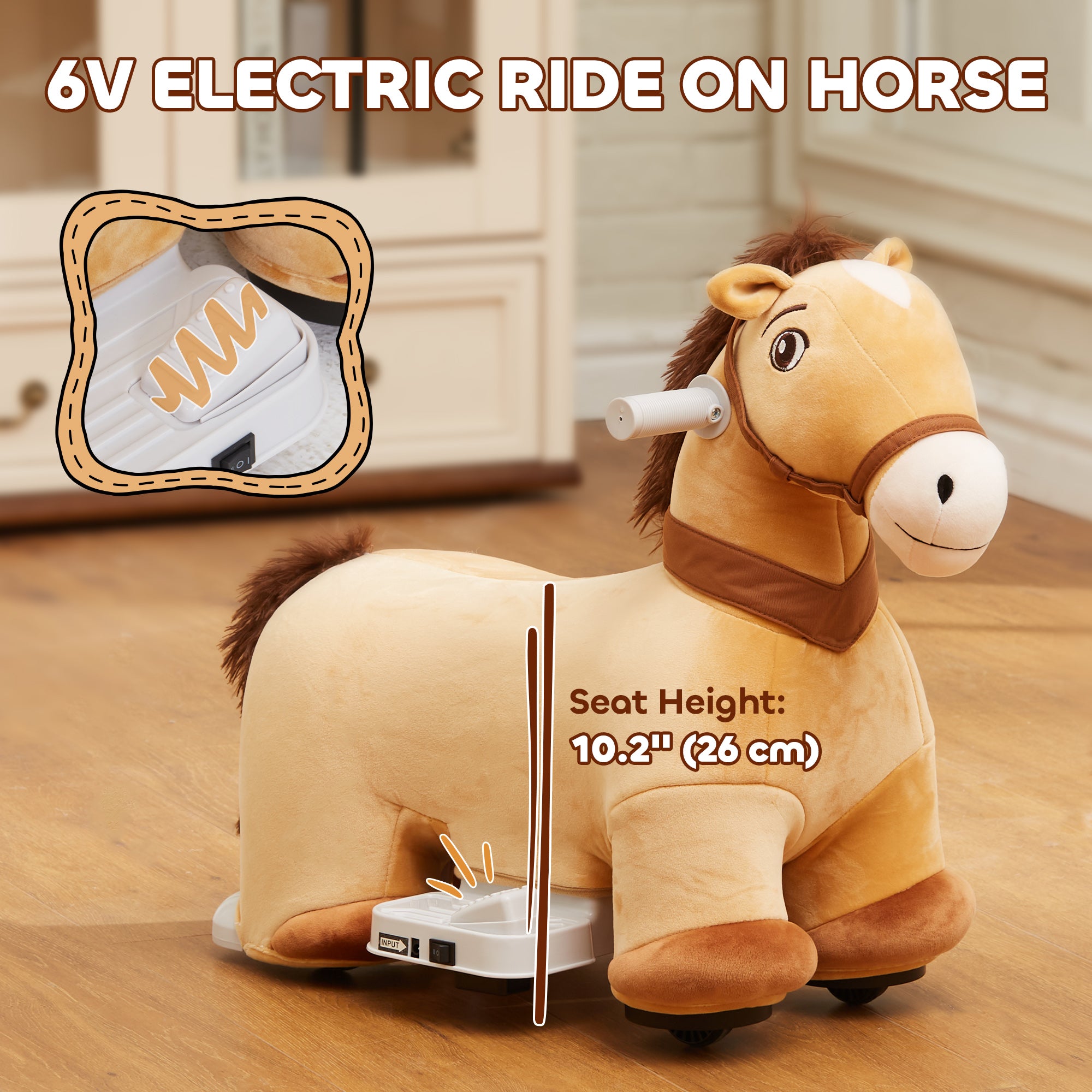 Battery Powered Electric Ride on Pony, 6V Ride on Horse w/ with Music Forward, PU Wheels, Aged 18-36 Months, Brown