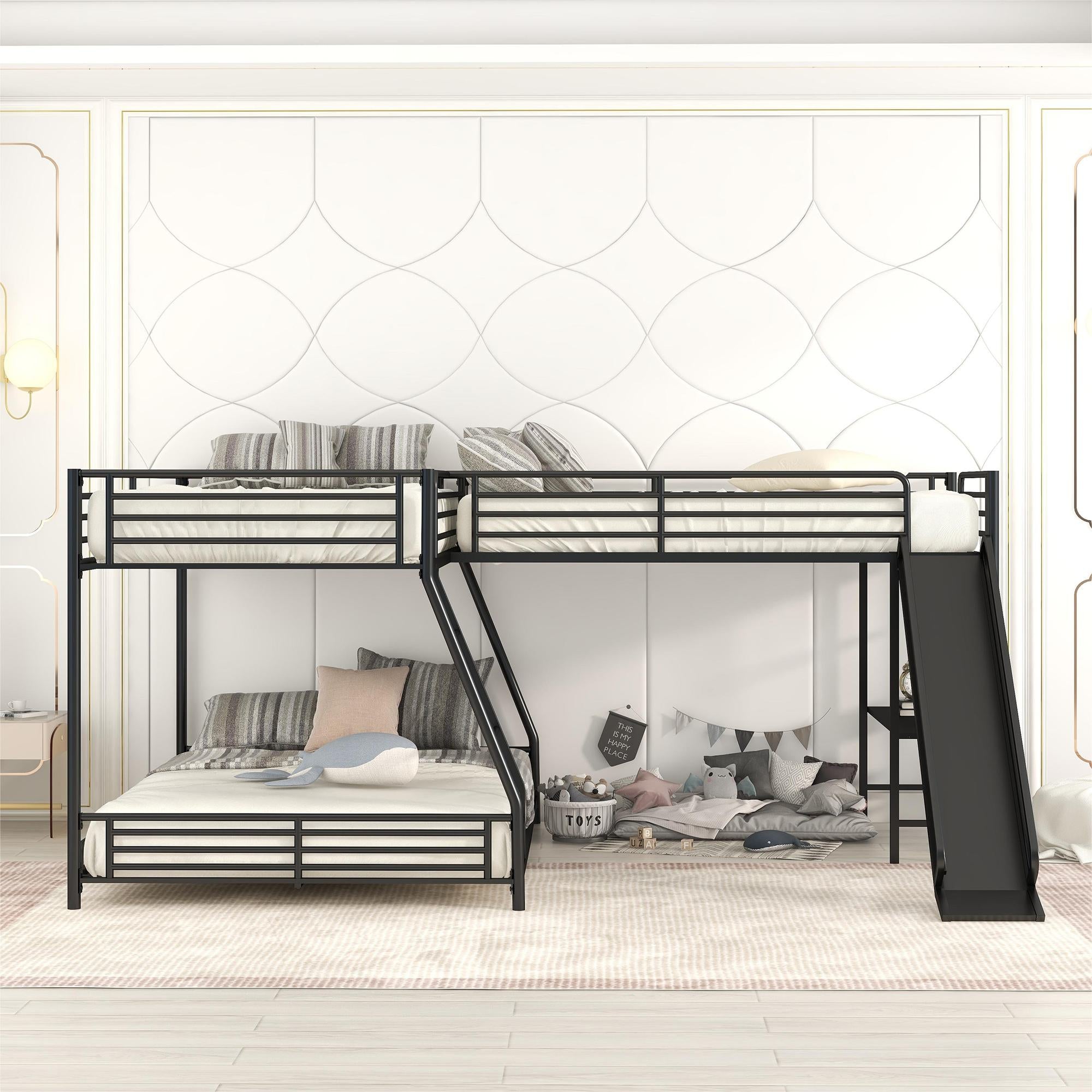 L-Shaped Twin over Full Bunk Bed with Twin Loft, Built-in Desk, Slide, Metal Frame, 117.5" L x 77.5" W x 53" H, Black