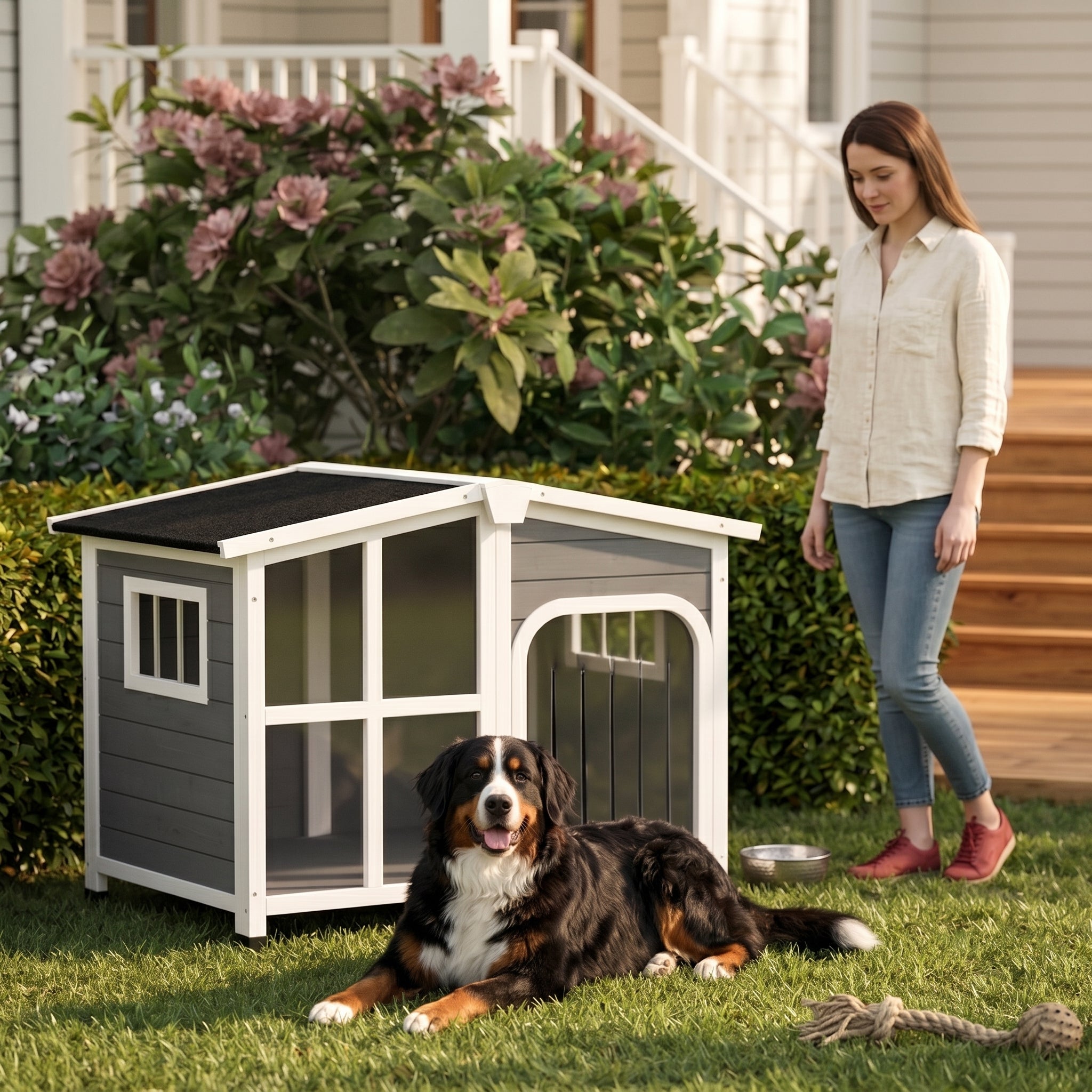 Cabin-Style Wooden Dog House for Large Dogs with Openable Roof & Giant Window,Gray