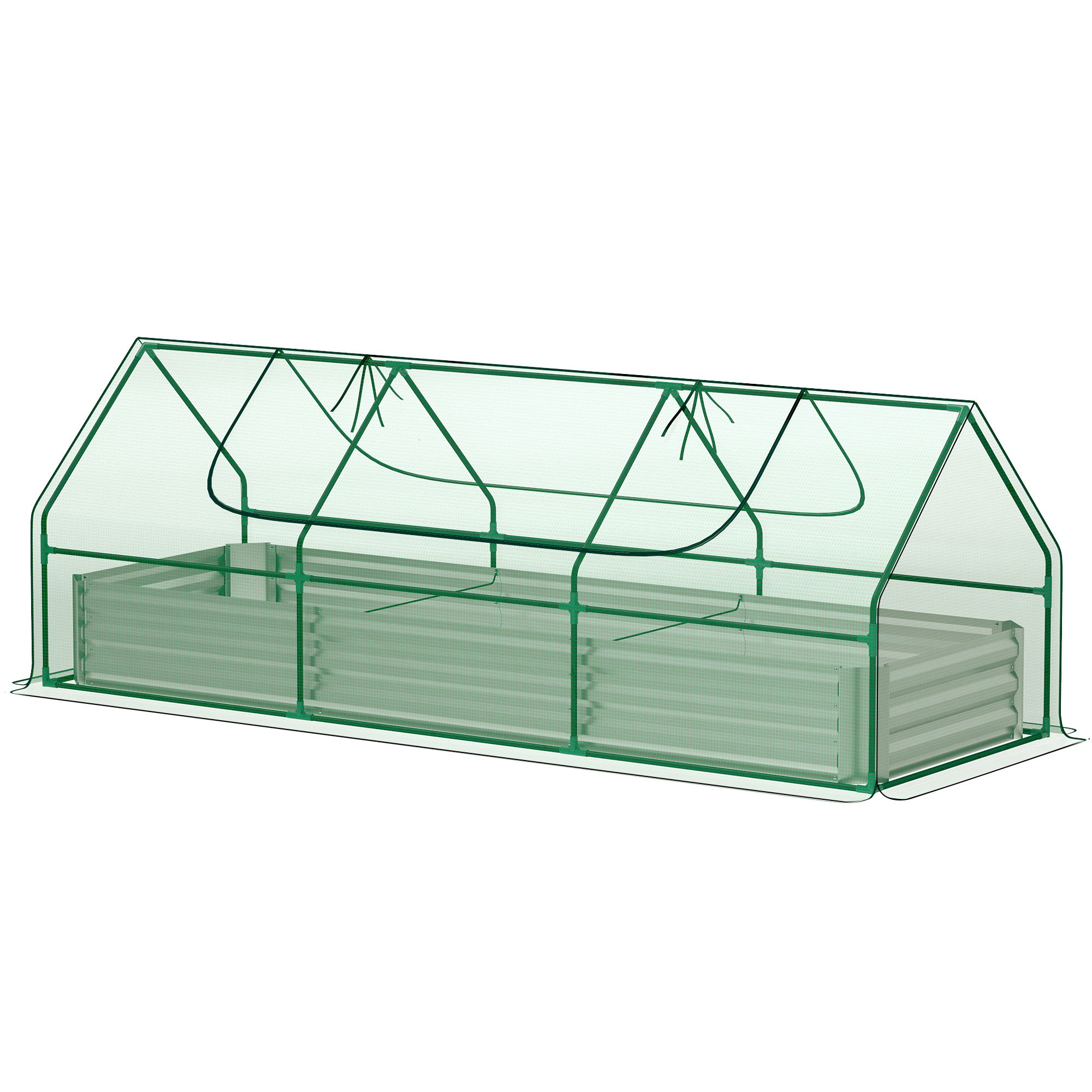 8.6 x 3 x 1ft Metal Planter Box with Mini Greenhouse, Galvanized Raised Garden Bed with Cover for Herbs and Vegetables, Small Greenhouse for Patio Garden Balcony, Green and Silver