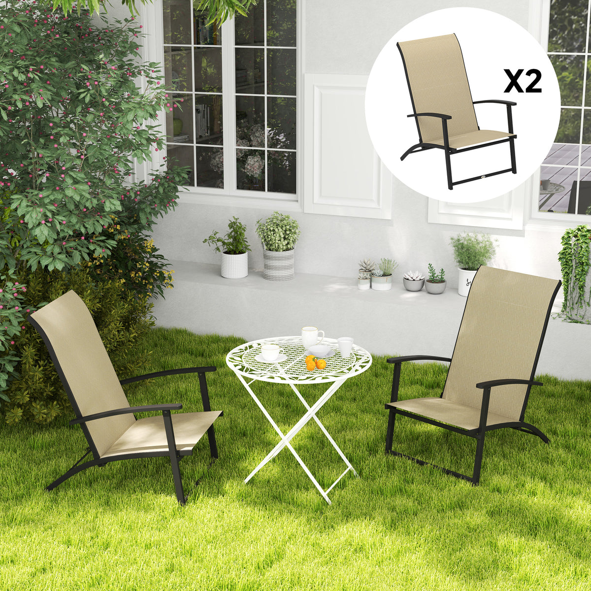 Set of 2 Outdoor Dining Chairs with High Back, Armrests, Folding Patio Chairs for Patio, Lawn, Camping, Beige