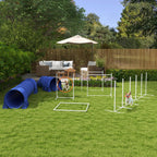 7pc Agility Training Equipment for Dogs w/ Tunnels, Weave Poles Adjustable Hurdle, Jumping Ring, Pause Box, Blue