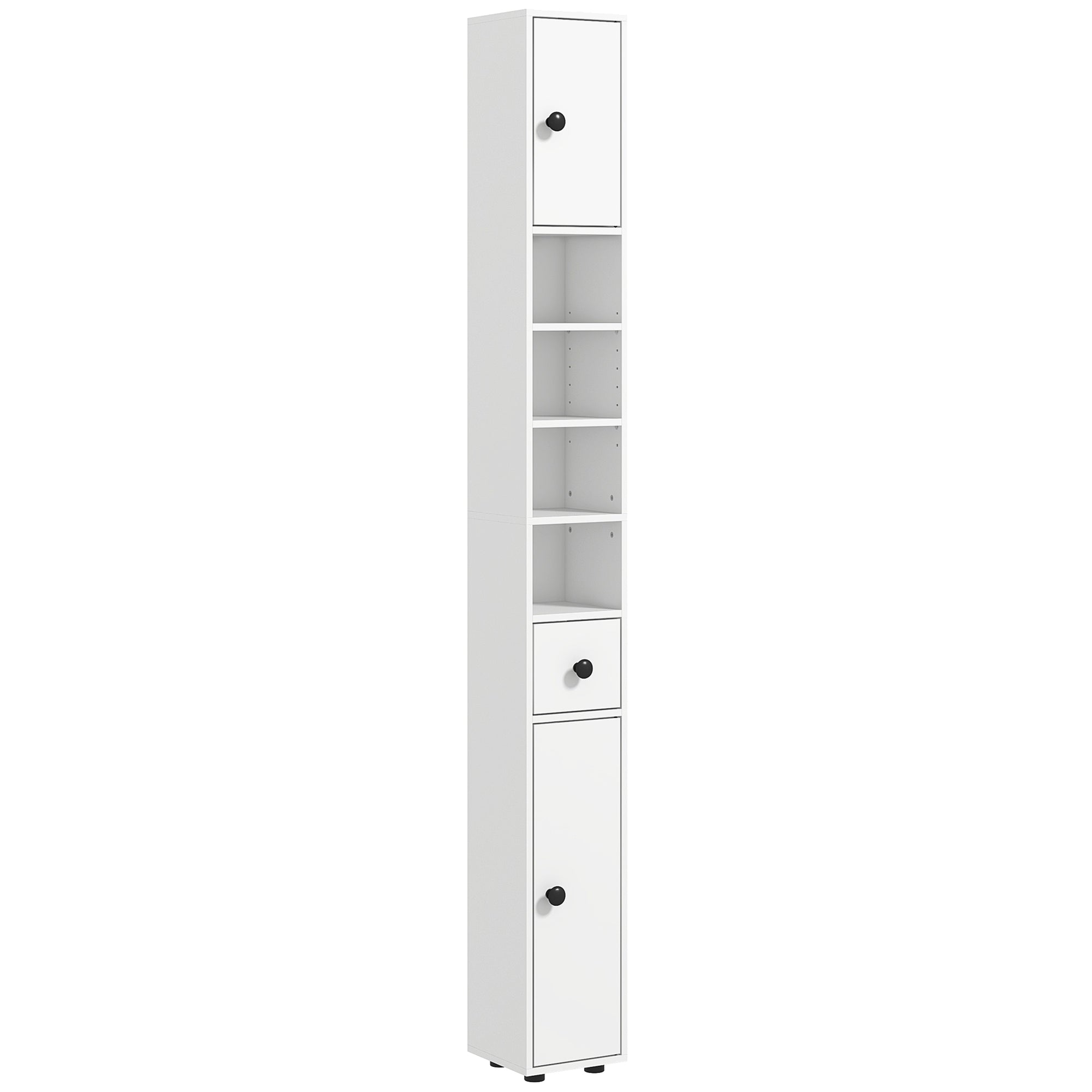 71" Small Bathroom Storage Cabinet, Narrow Toilet Paper Cabinet with Open Shelves, 2 Cabinets, Adjustable Shelves, White