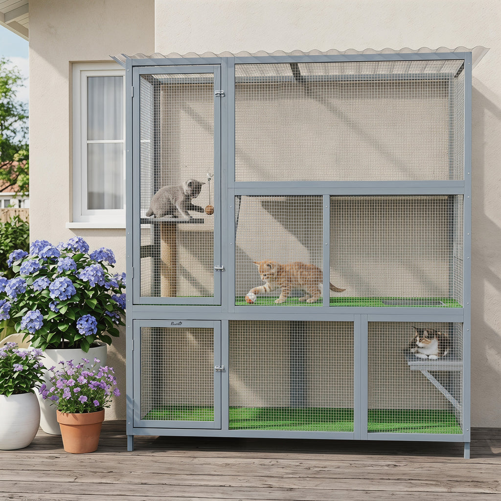 Catio Outdoor Cat Enclosure, 77" H Wooden Cat House with Weatherproof Roof, Platforms and Scratching Post