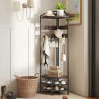 Corner Hall Tree, Industrial 4-Tier Coat Rack with Shoe Storage, 8 Movable Hooks and 2 Shelves for Hallway, Rustic Brown