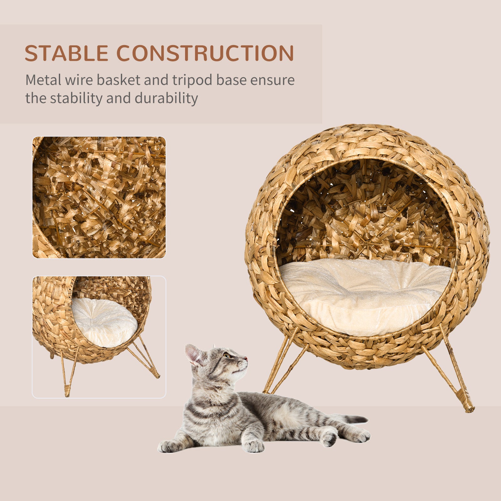 20.5" Weaved Cat Bed, Elevated Hand-woven Braided Banana Leaf Kitten House Condo with Cushion, Natural