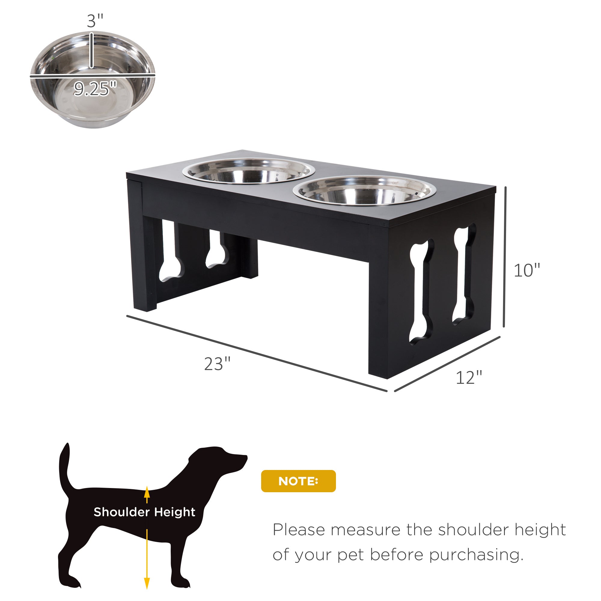 23" Modern Decorative Raised Dog Bowls, Wooden Heavy Duty Pet Food and Water Bowl, Elevated Feeding Station, Black