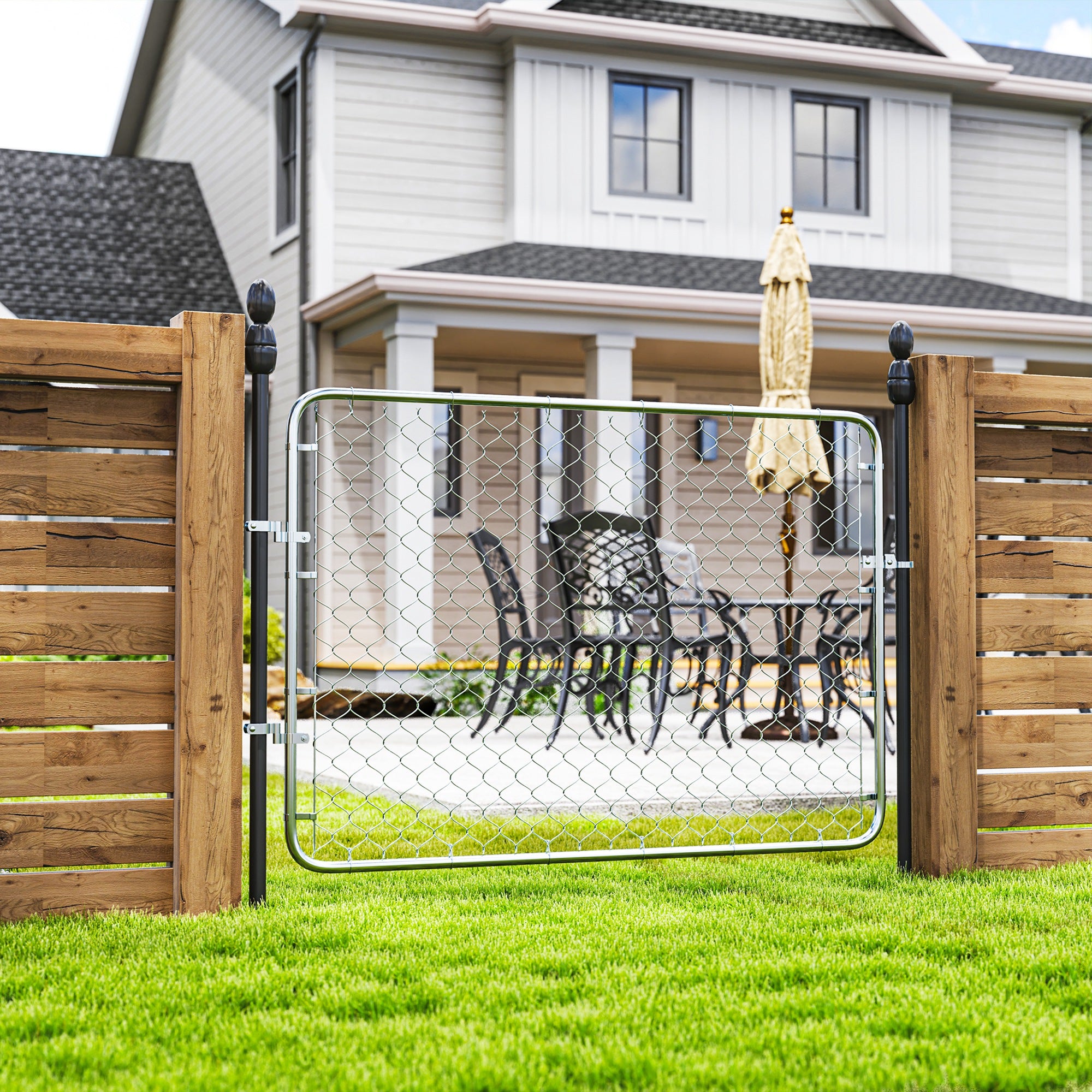 Garden Gate Chain Link Fence Gate, Galvanized Steel Garden Door for Yard Entrance Way, 47.2 x 70.9 in., Silver