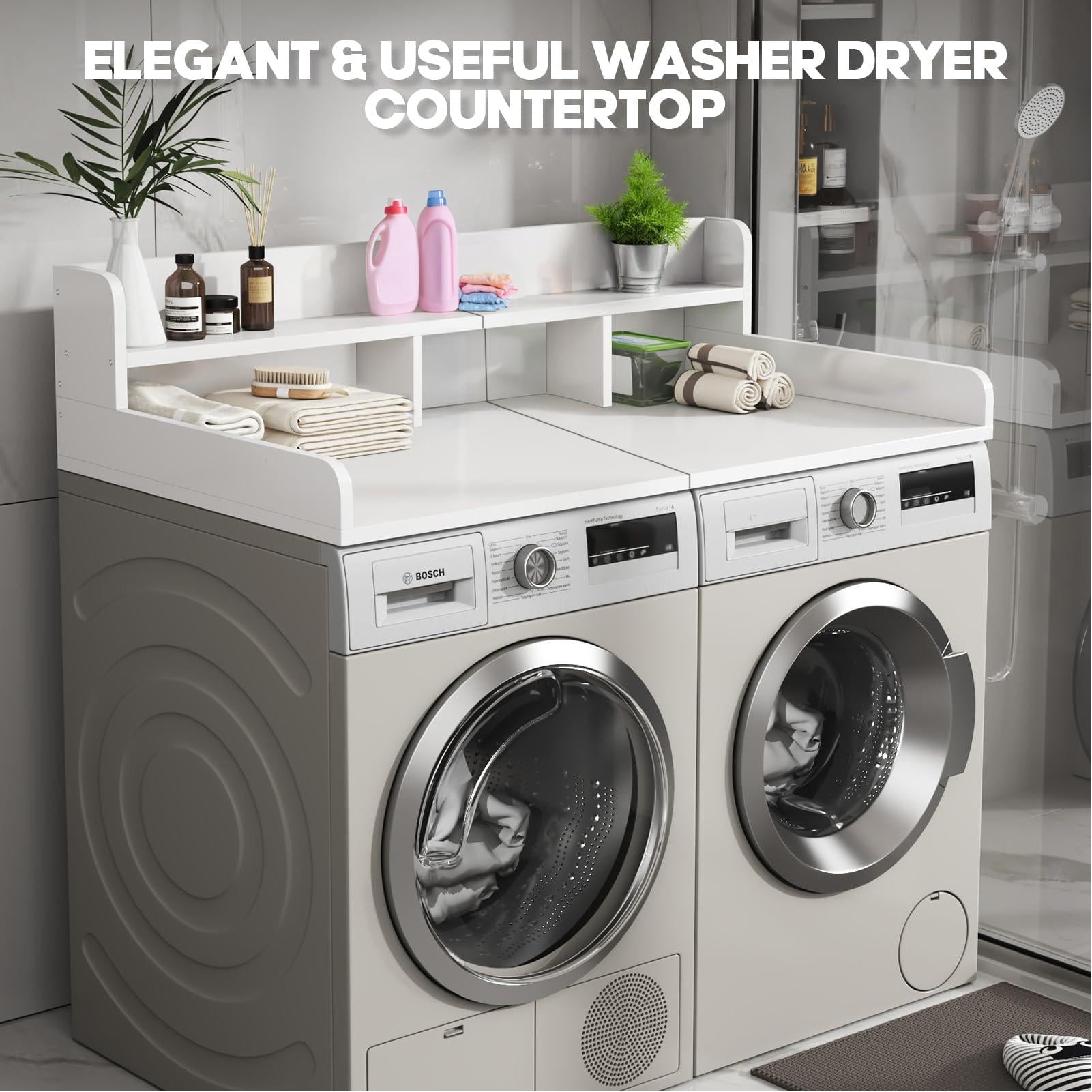 Washer Dryer Countertop with Non-slip Pads, Ample Workspace, Double Layer Wood Shelf Topper with Edge, 54″ L x 27.5″ W x 12″ H, White