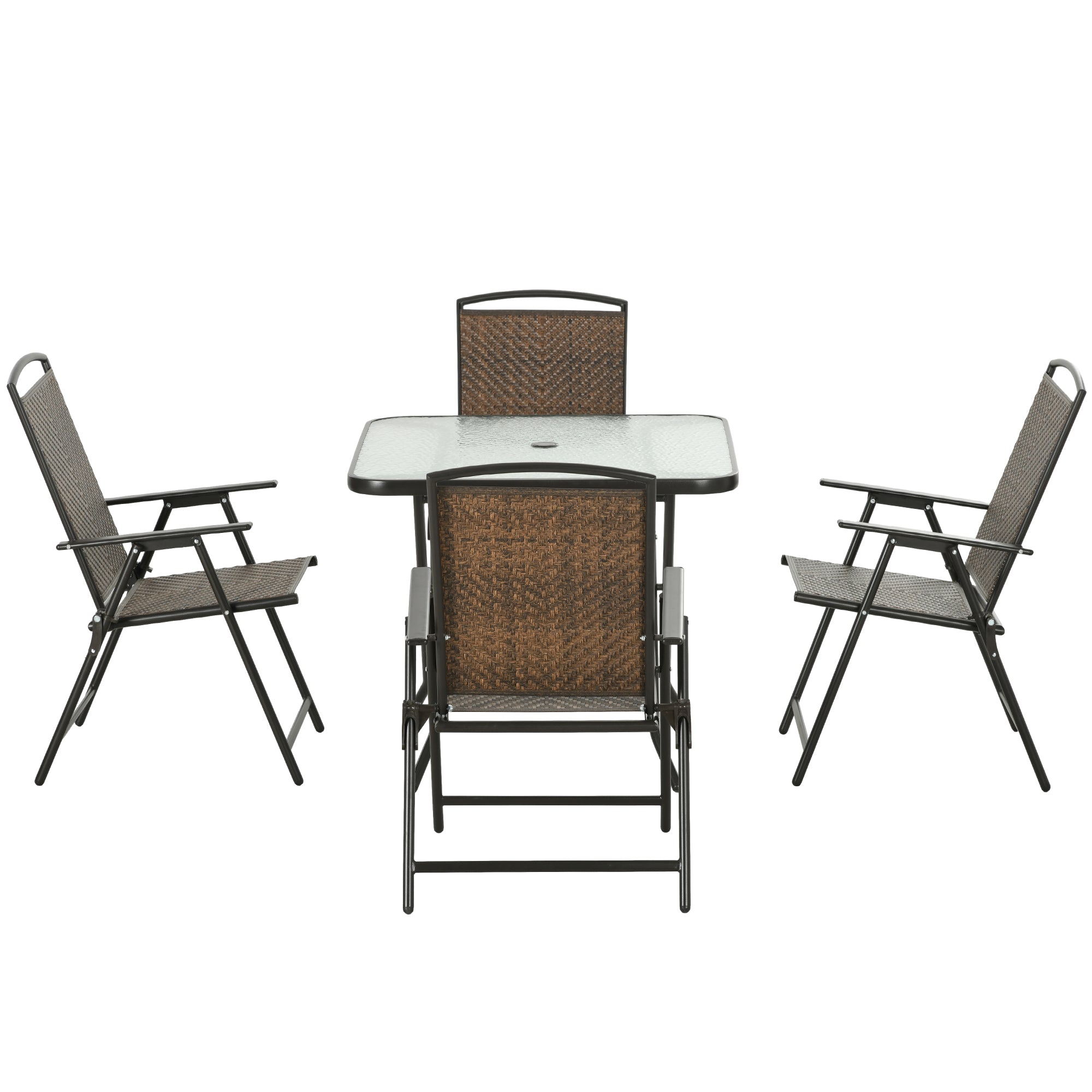 5 Pieces Patio Table and Chairs, Foldable Wicker Outdoor Dining Table Set with Umbrella Hole, Dark Brown