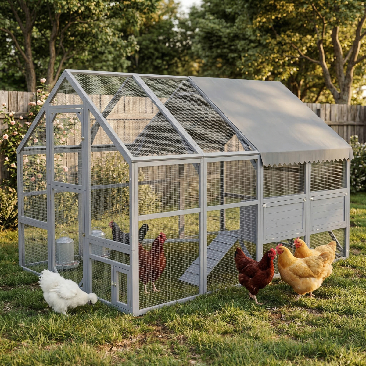 9' x 6' x 6' Large Chicken Coop with Nesting Box, Water-Resistant and Anti-UV Cover for 8-12 Chickens, Gray