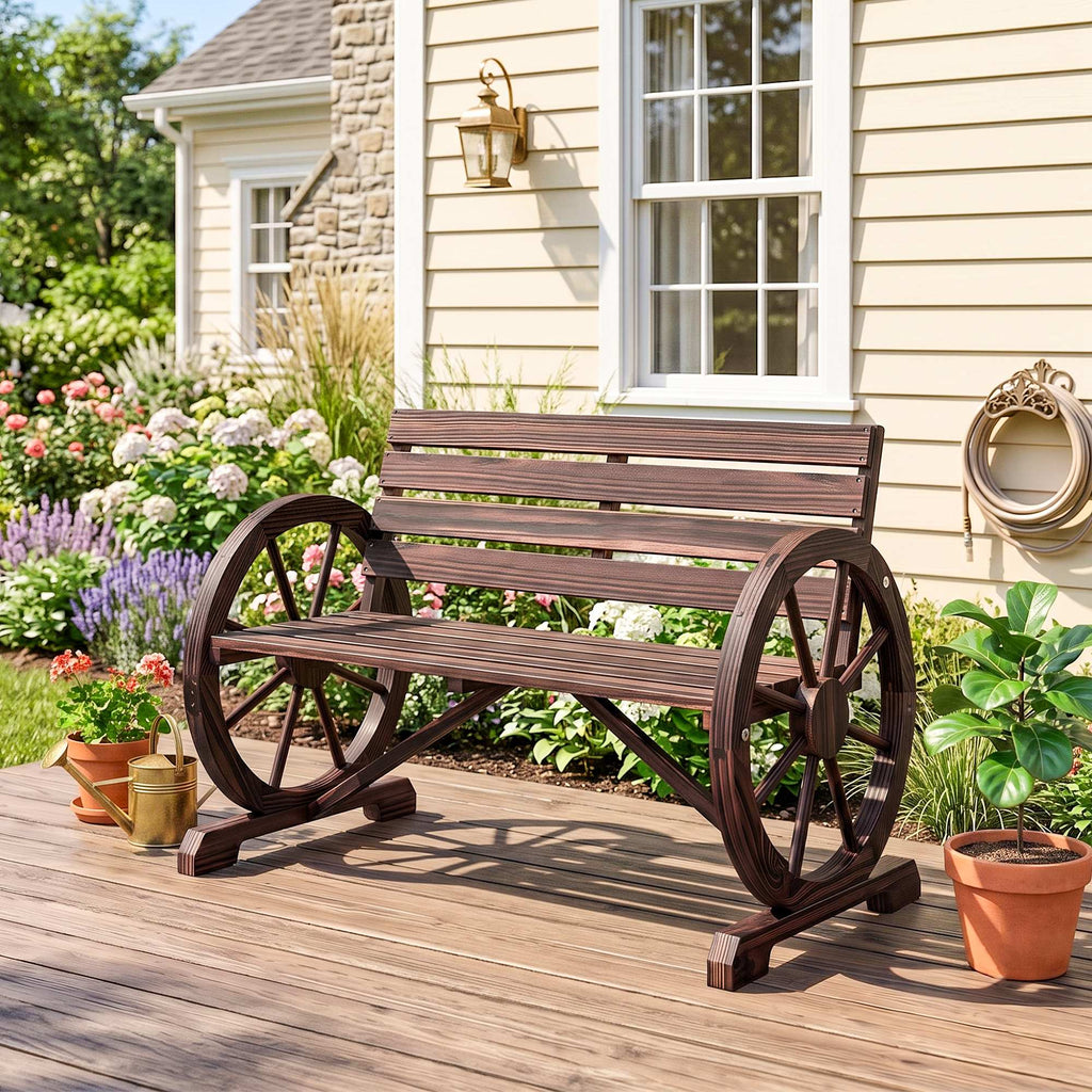 41" Wooden Wagon Wheel Bench, Rustic Outdoor Patio Bench Weather Resistance Furniture, 2-Person Slatted Seat with Backrest, Carbonized