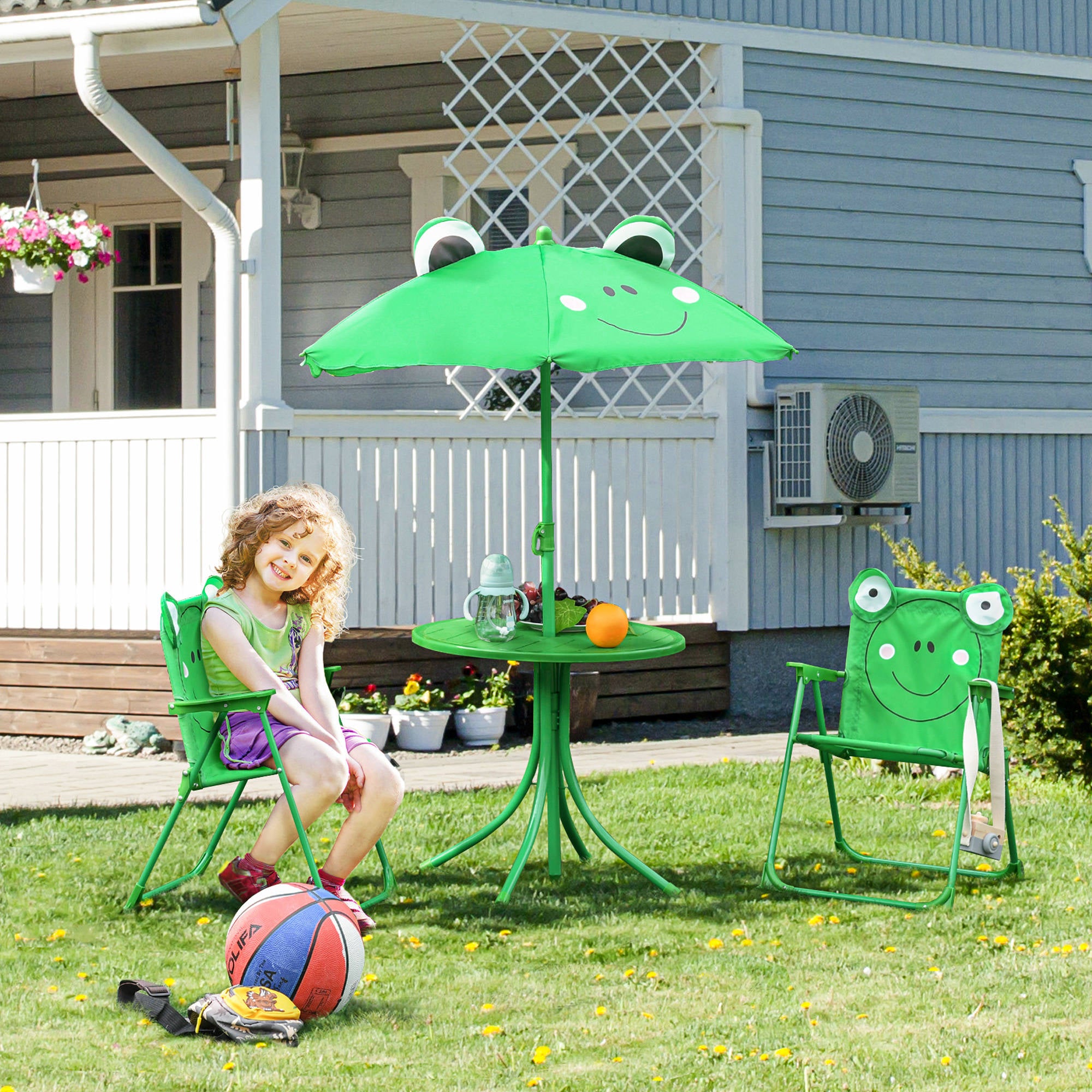 Kids Table and Chair Set, Outdoor Folding Garden Furniture, Picnic Table for Patio Backyard, with Removable & Height Adjustable Sun Umbrella, Green Frog