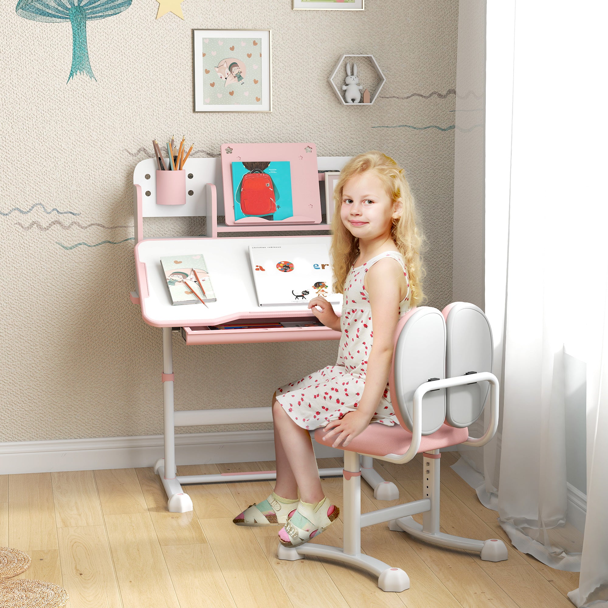 Height Adjustable Kids Desk and Chair Set for Writing Drawing w/ Tilt Desktop, Storage Drawer and Reading Rack, Pink